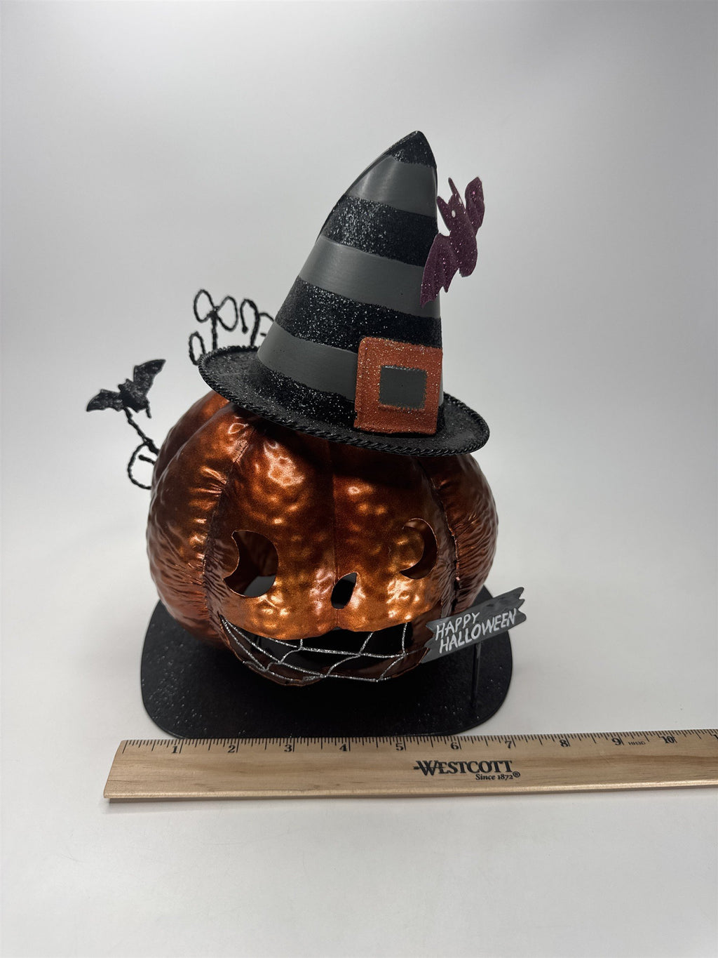 Metal Witch Hat Pumpkin Tealight Holder Happy Halloween Bat Spiderweb Decor