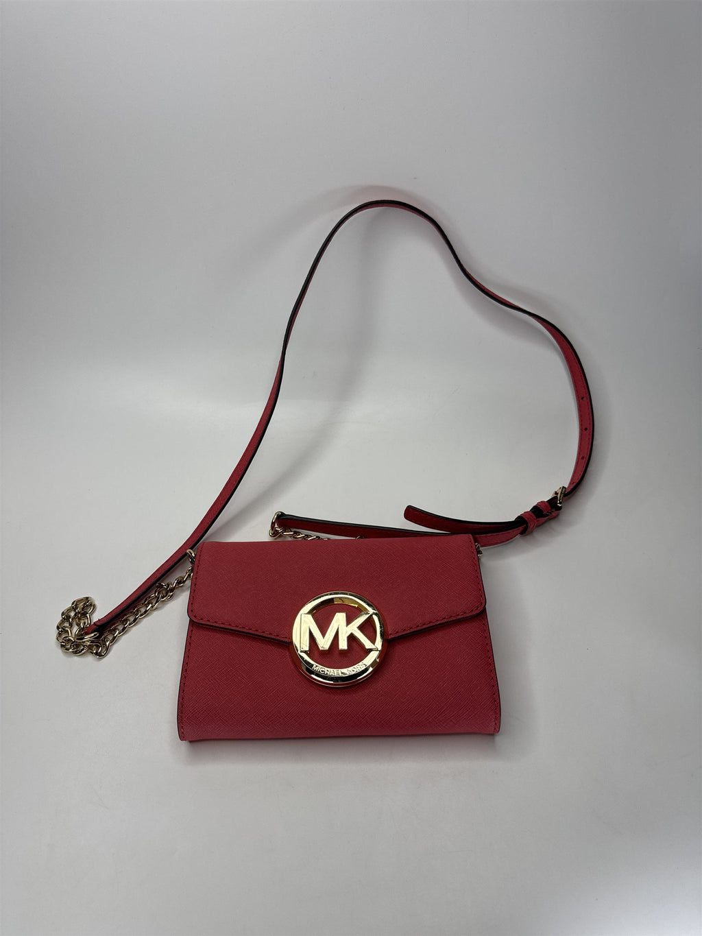 Michael Kors Red Saffiano Leather Crossbody Wallet Clutch Bag Gold MK