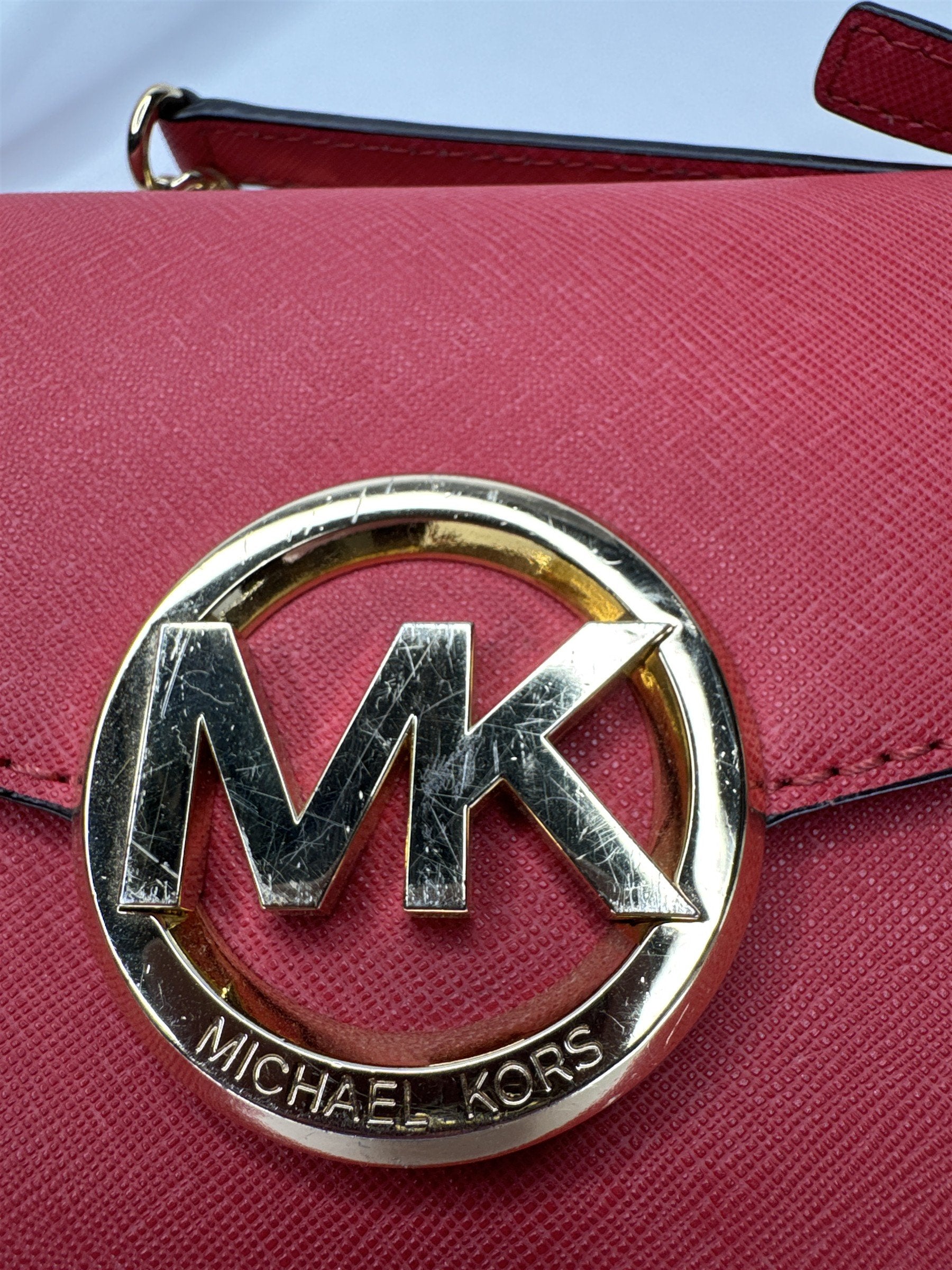 Michael Kors Red Saffiano Leather Crossbody Wallet Clutch Bag Gold MK