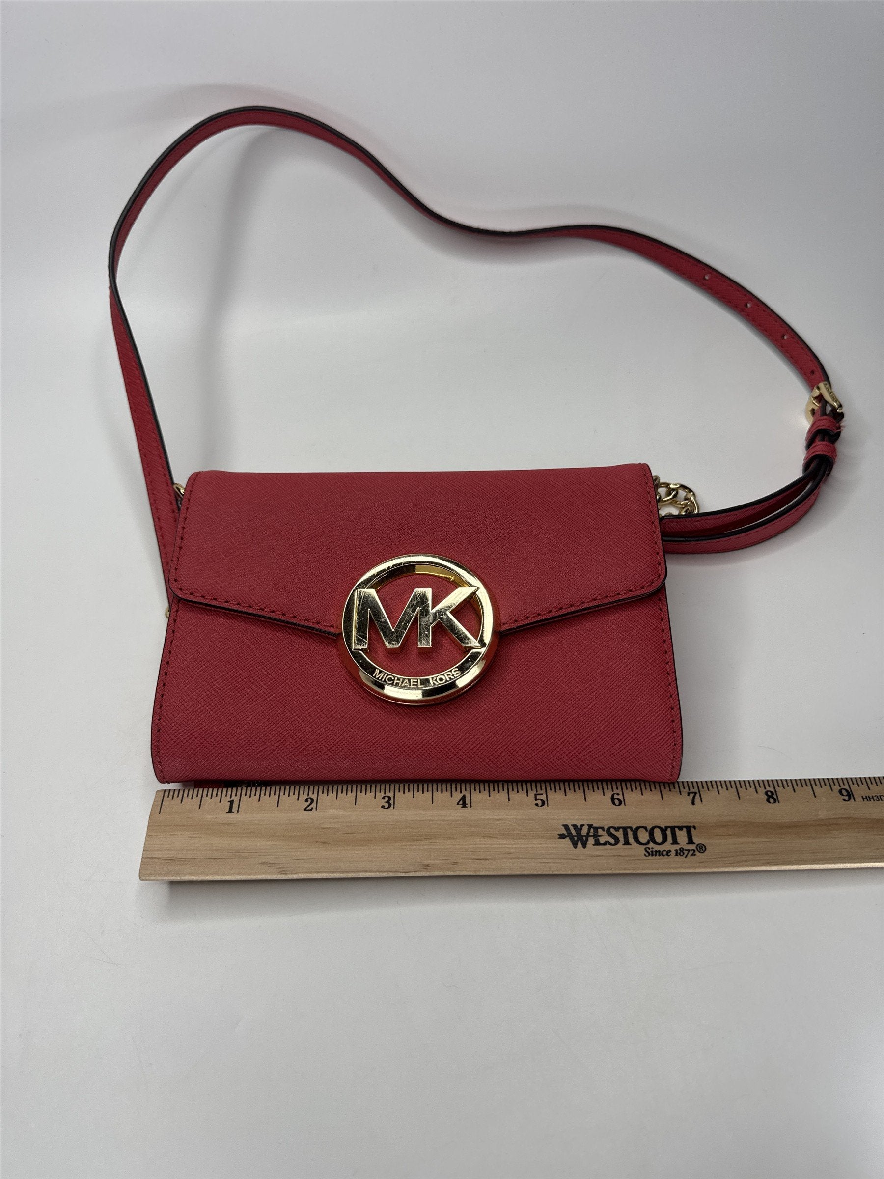 Michael Kors Red Saffiano Leather Crossbody Wallet Clutch Bag Gold MK