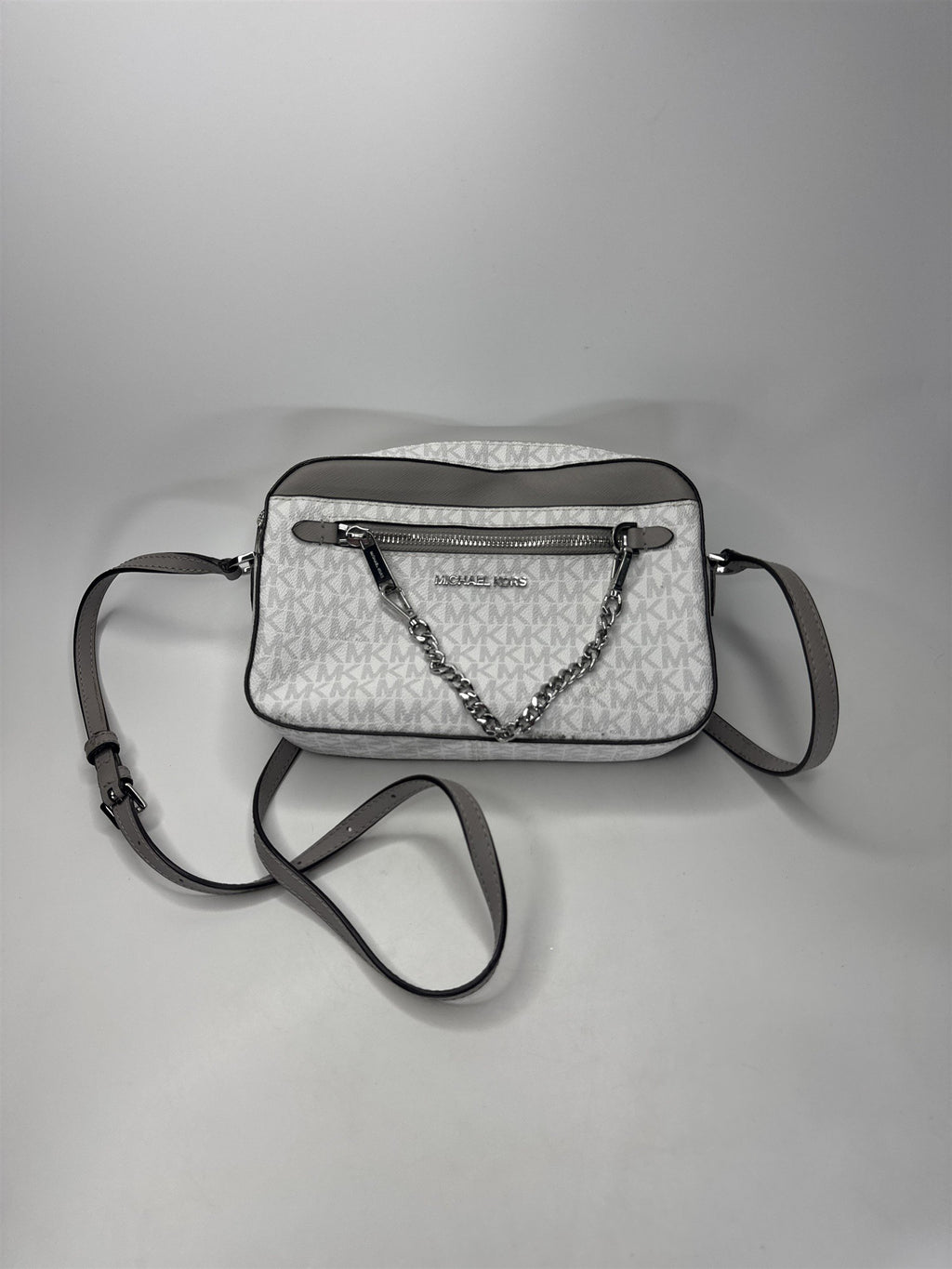 Michael Kors White Grey Crossbody Bag MK Signature Silver Chain