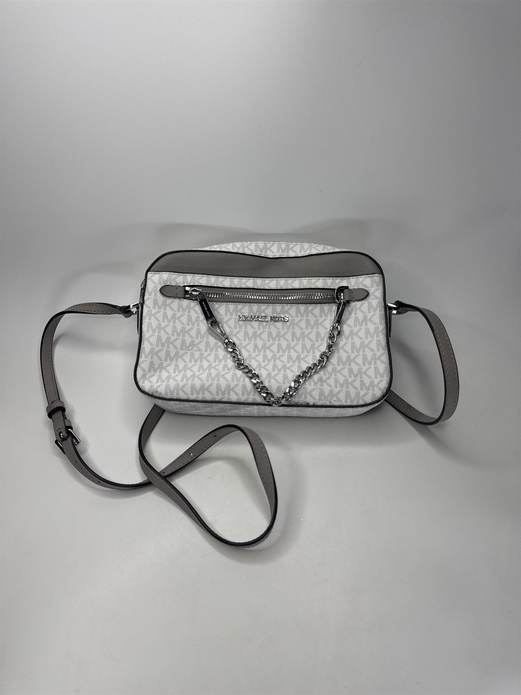 Michael Kors White Grey Crossbody Bag MK Signature Silver Chain