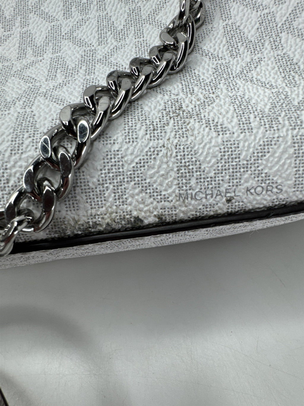 Michael Kors White Grey Crossbody Bag MK Signature Silver Chain