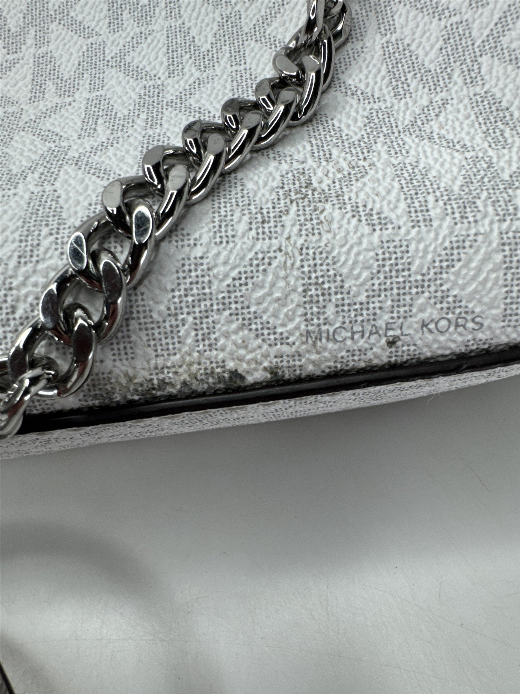 Michael Kors White Grey Crossbody Bag MK Signature Silver Chain