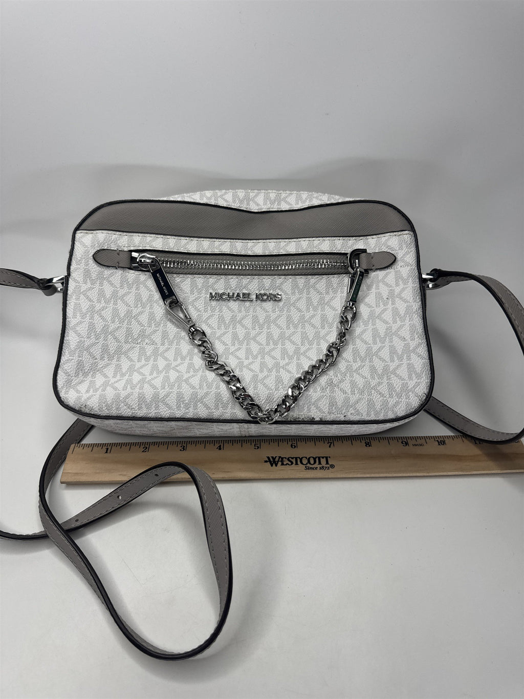 Michael Kors White Grey Crossbody Bag MK Signature Silver Chain