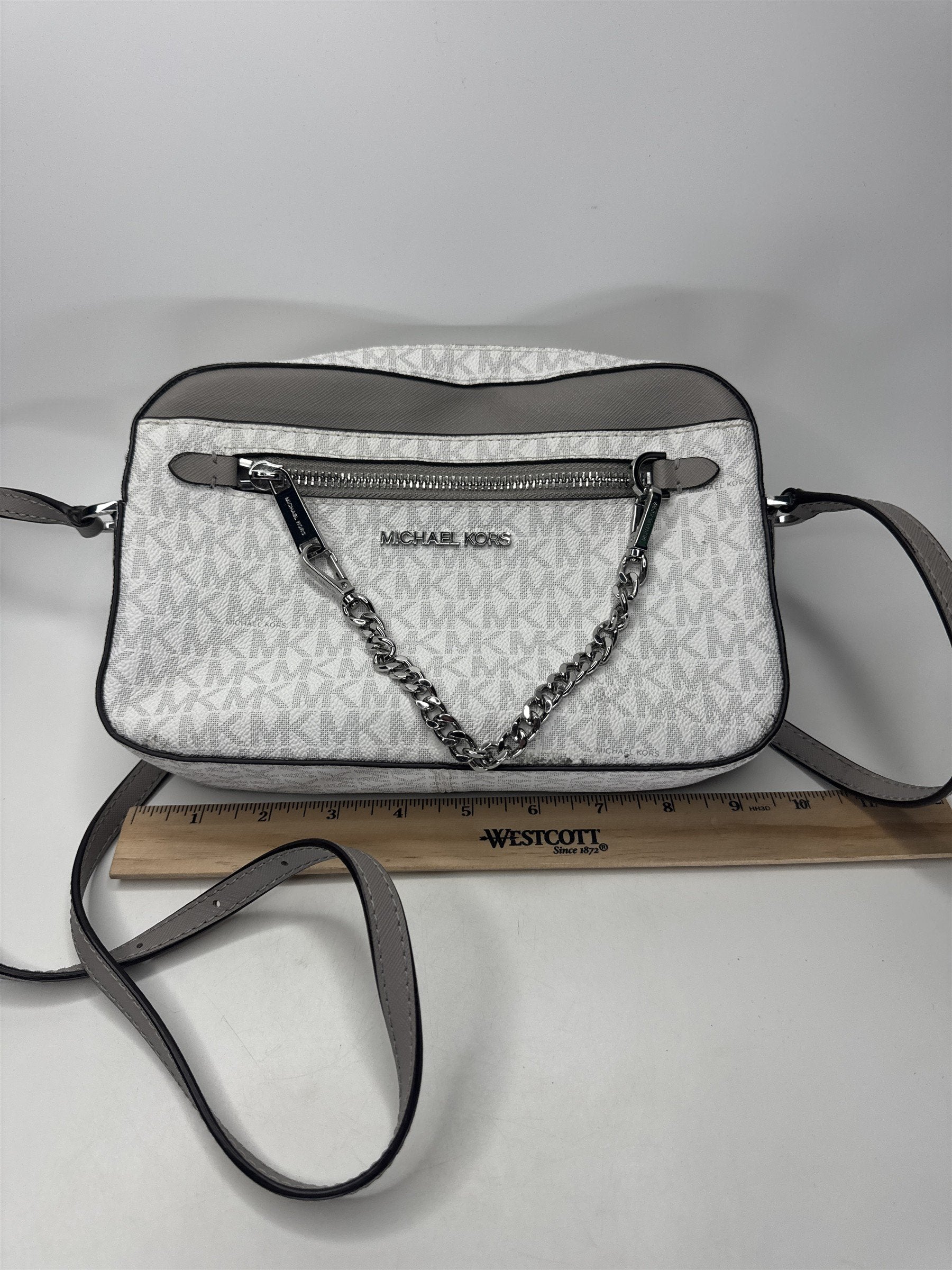 Michael Kors White Grey Crossbody Bag MK Signature Silver Chain