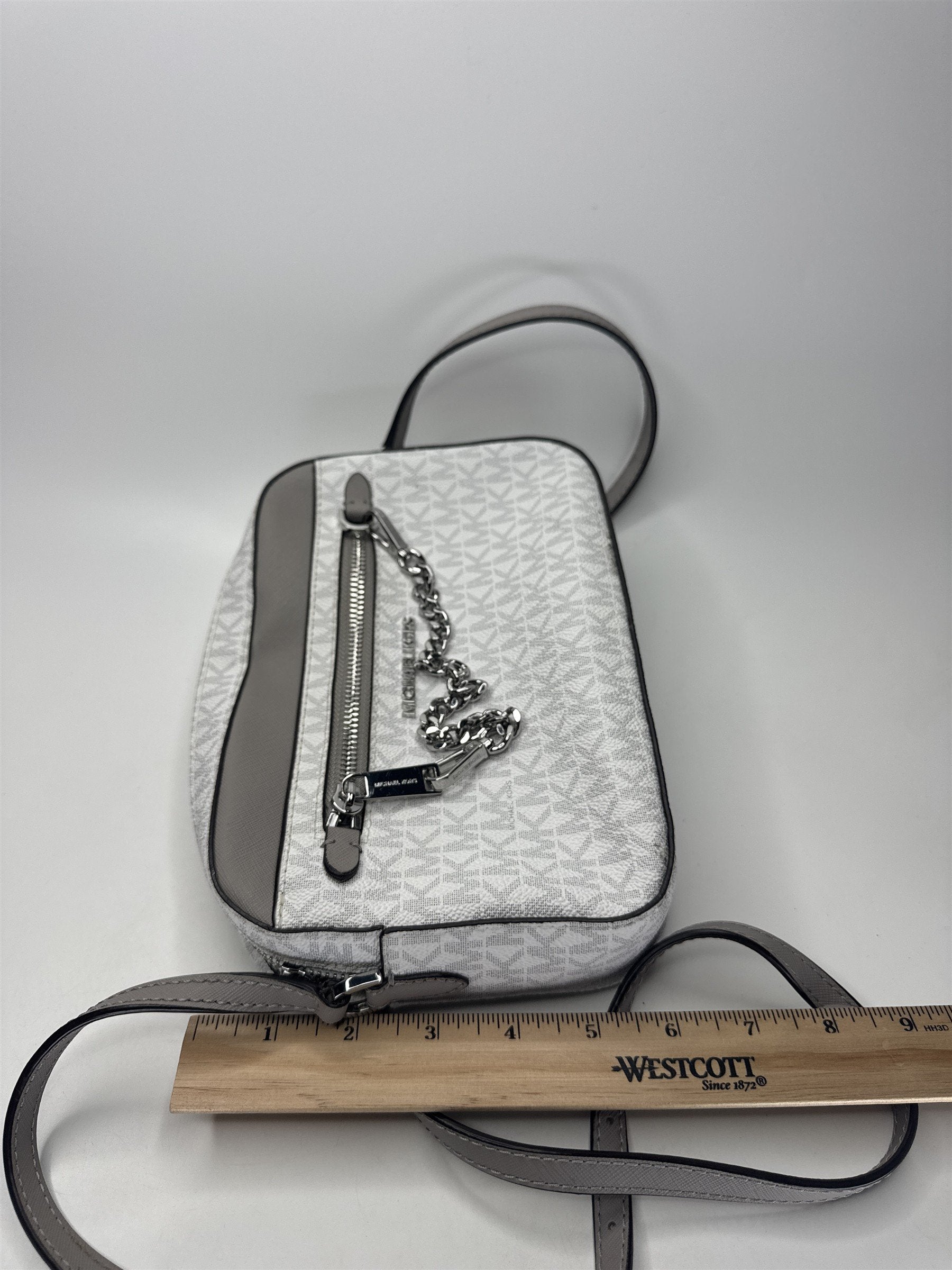 Michael Kors White Grey Crossbody Bag MK Signature Silver Chain
