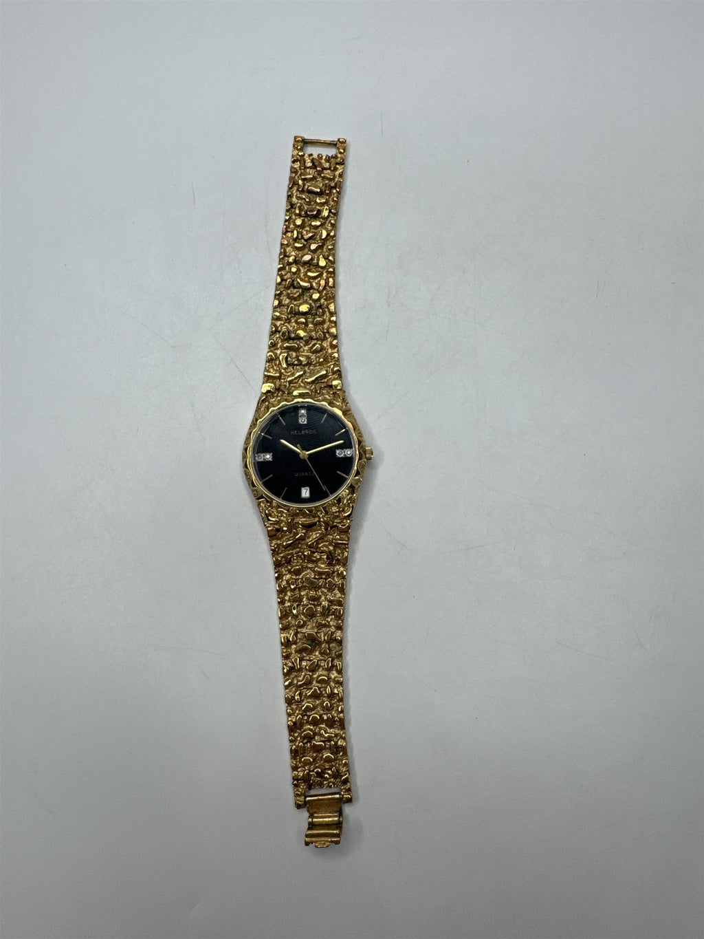 Helbros Gold Nugget Texture Quartz Watch Diamond Chip Accents Black Dial VTG