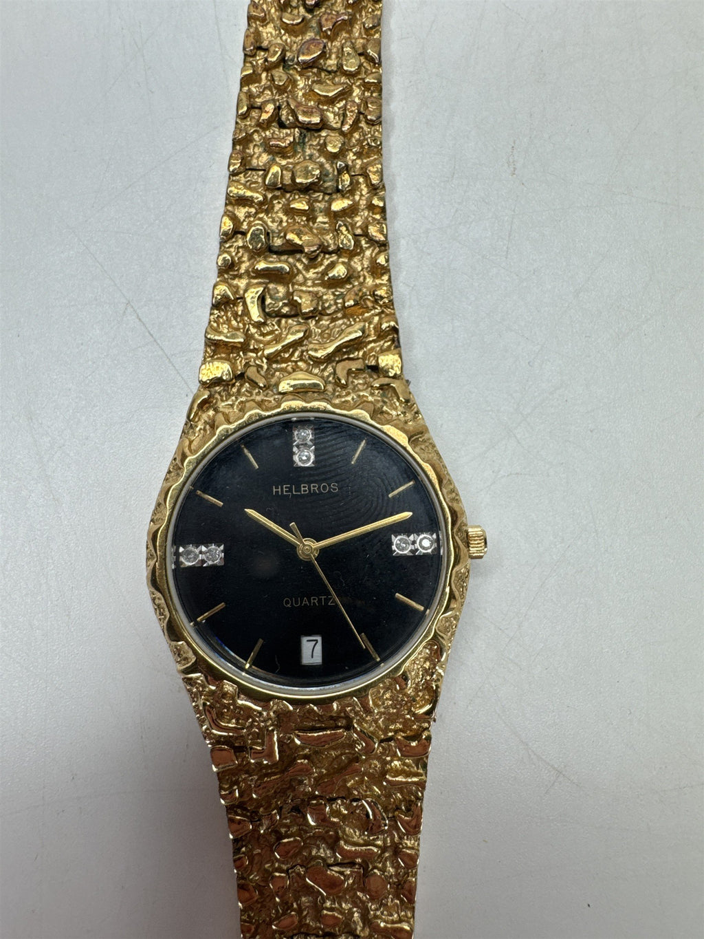Helbros Gold Nugget Texture Quartz Watch Diamond Chip Accents Black Dial VTG