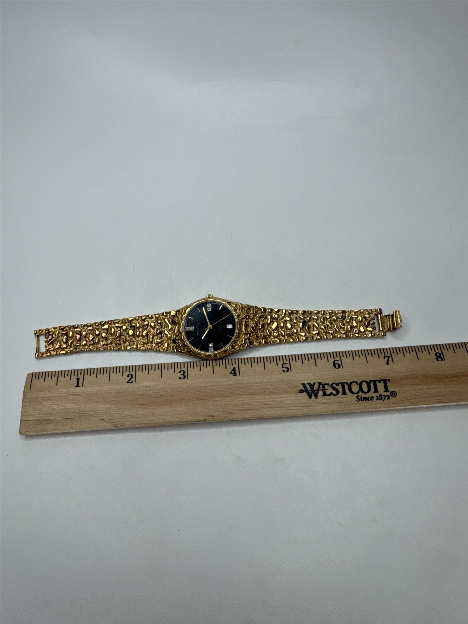 Helbros Gold Nugget Texture Quartz Watch Diamond Chip Accents Black Dial VTG