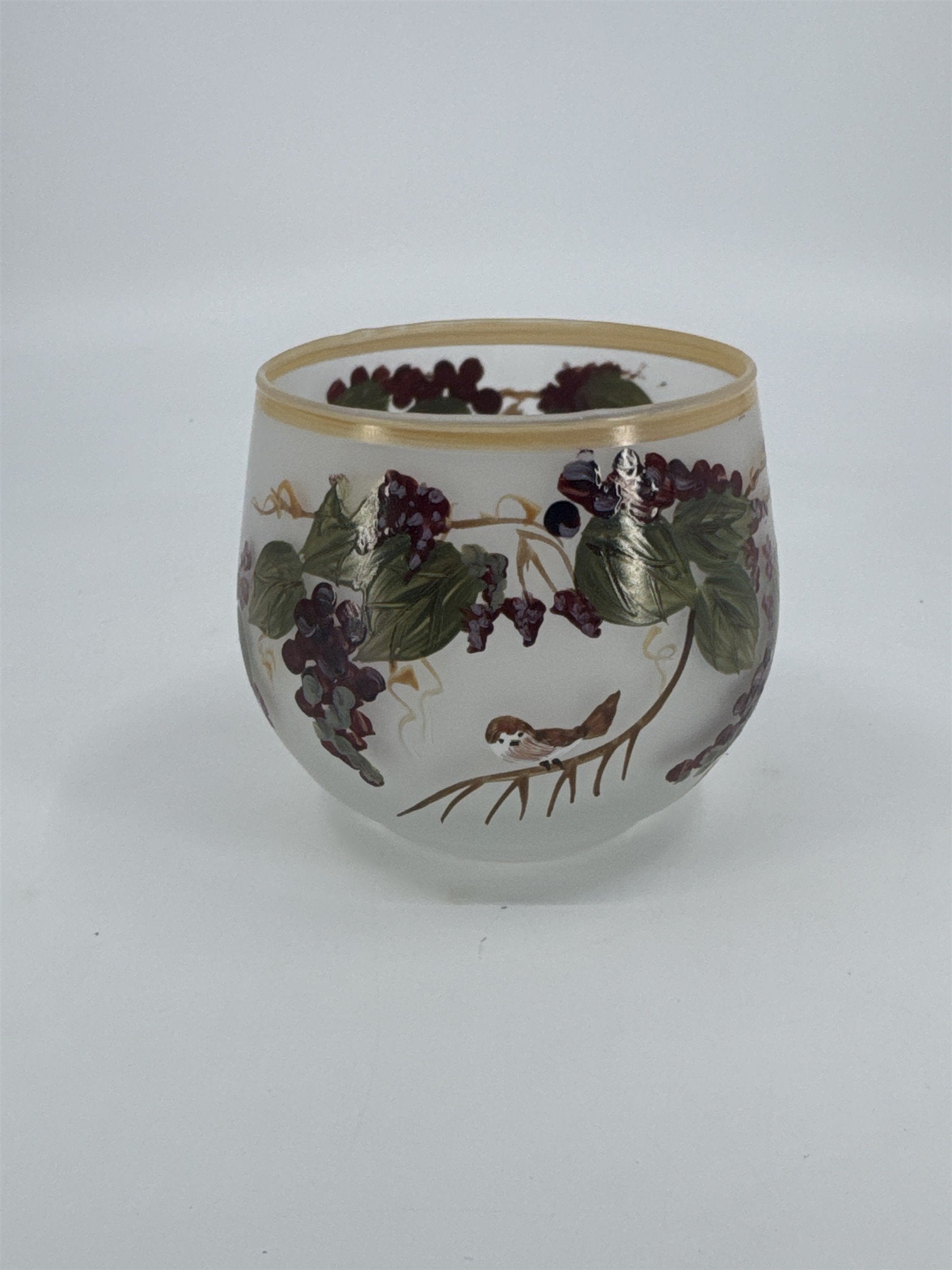 Vintage Hand Painted Glass Votive Candle Holder W/ Grape Vines And Birds