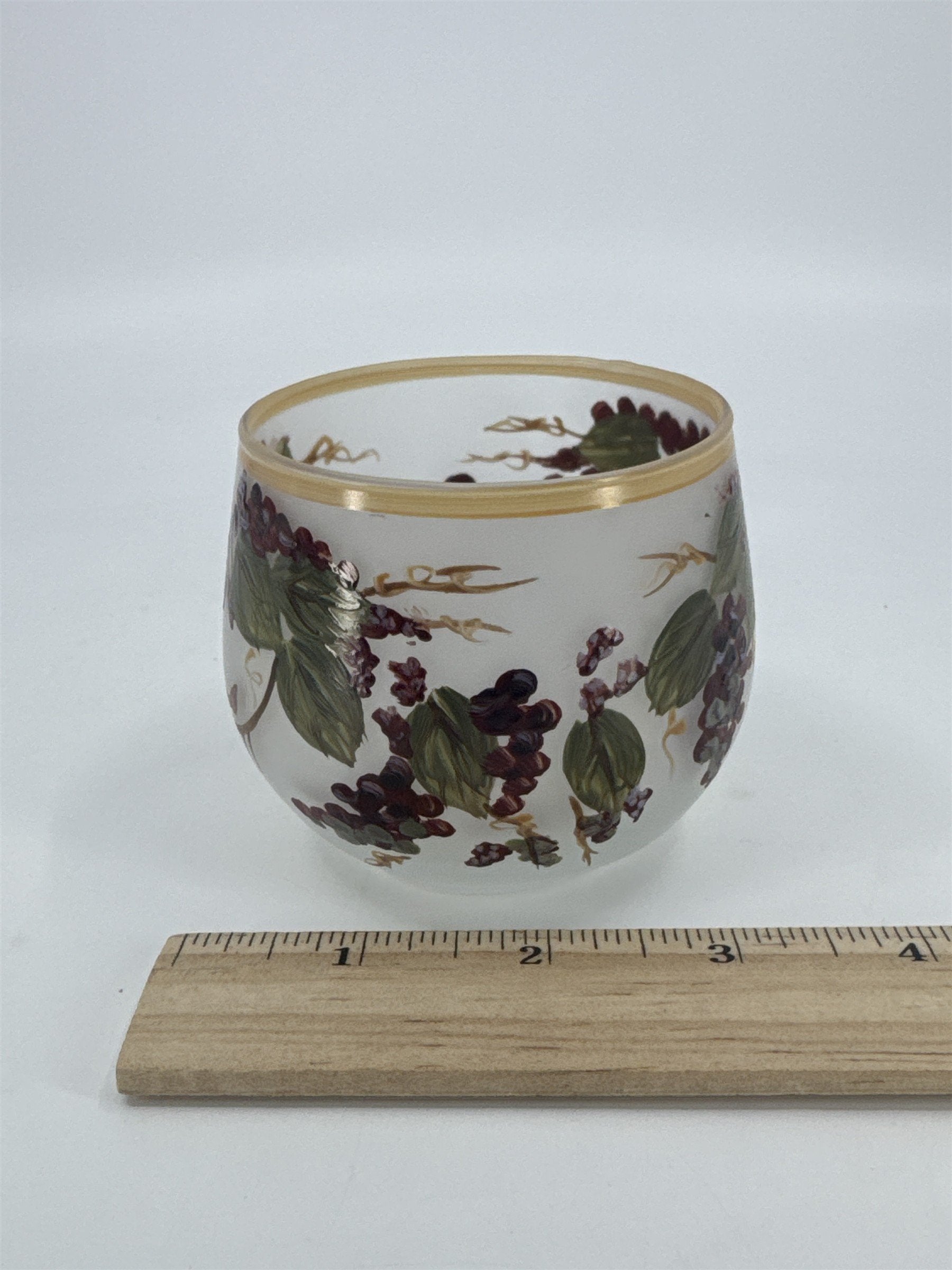 Vintage Hand Painted Glass Votive Candle Holder W/ Grape Vines And Birds