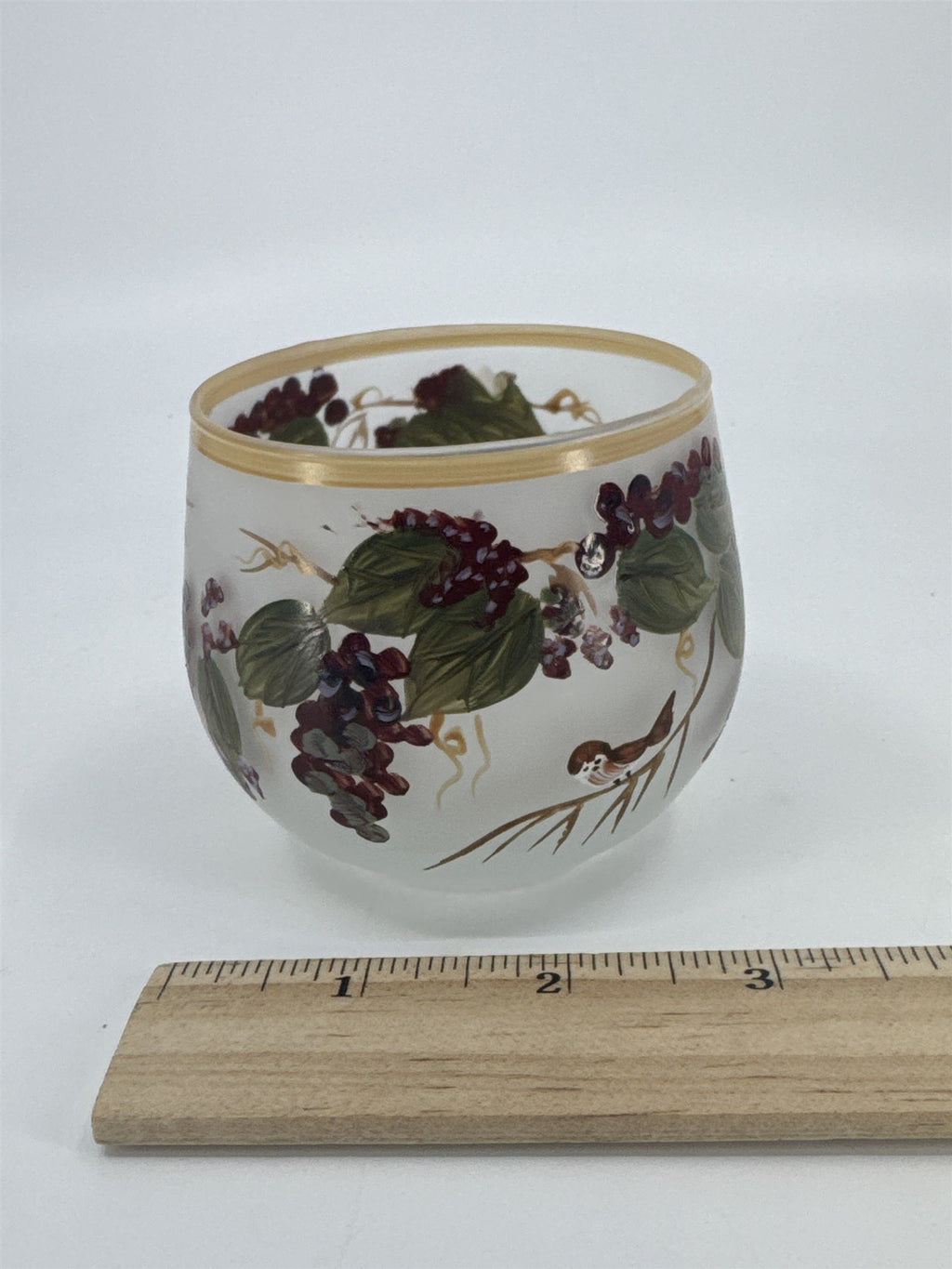 Vintage Hand Painted Glass Votive Candle Holder W/ Grape Vines And Birds