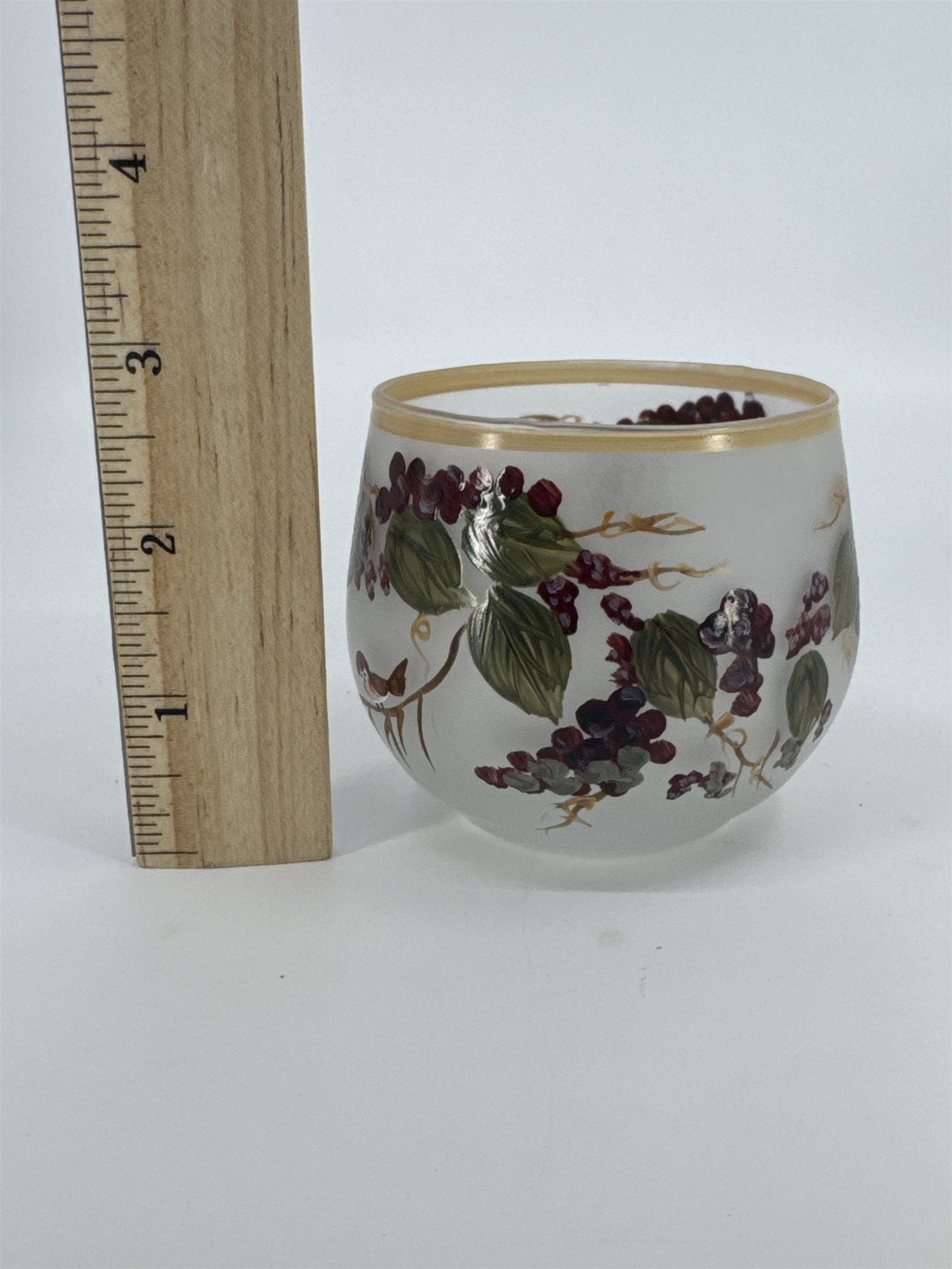 Vintage Hand Painted Glass Votive Candle Holder W/ Grape Vines And Birds