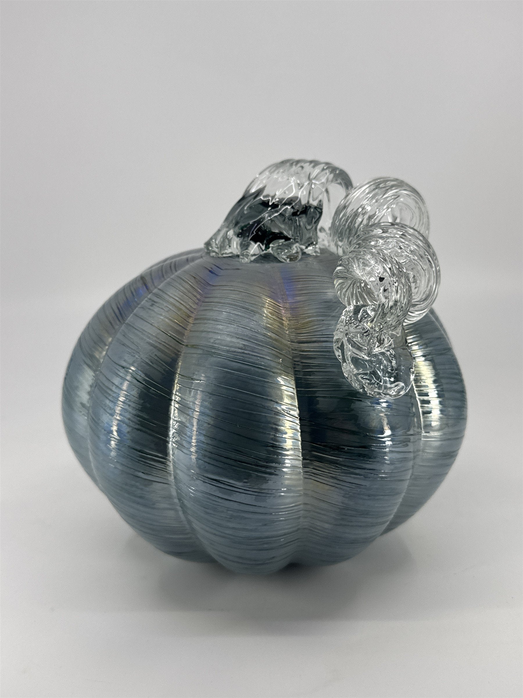 Hand Blown Art Glass Light Blue/Silver Glass Pumpkin Halloween/Fall Decor