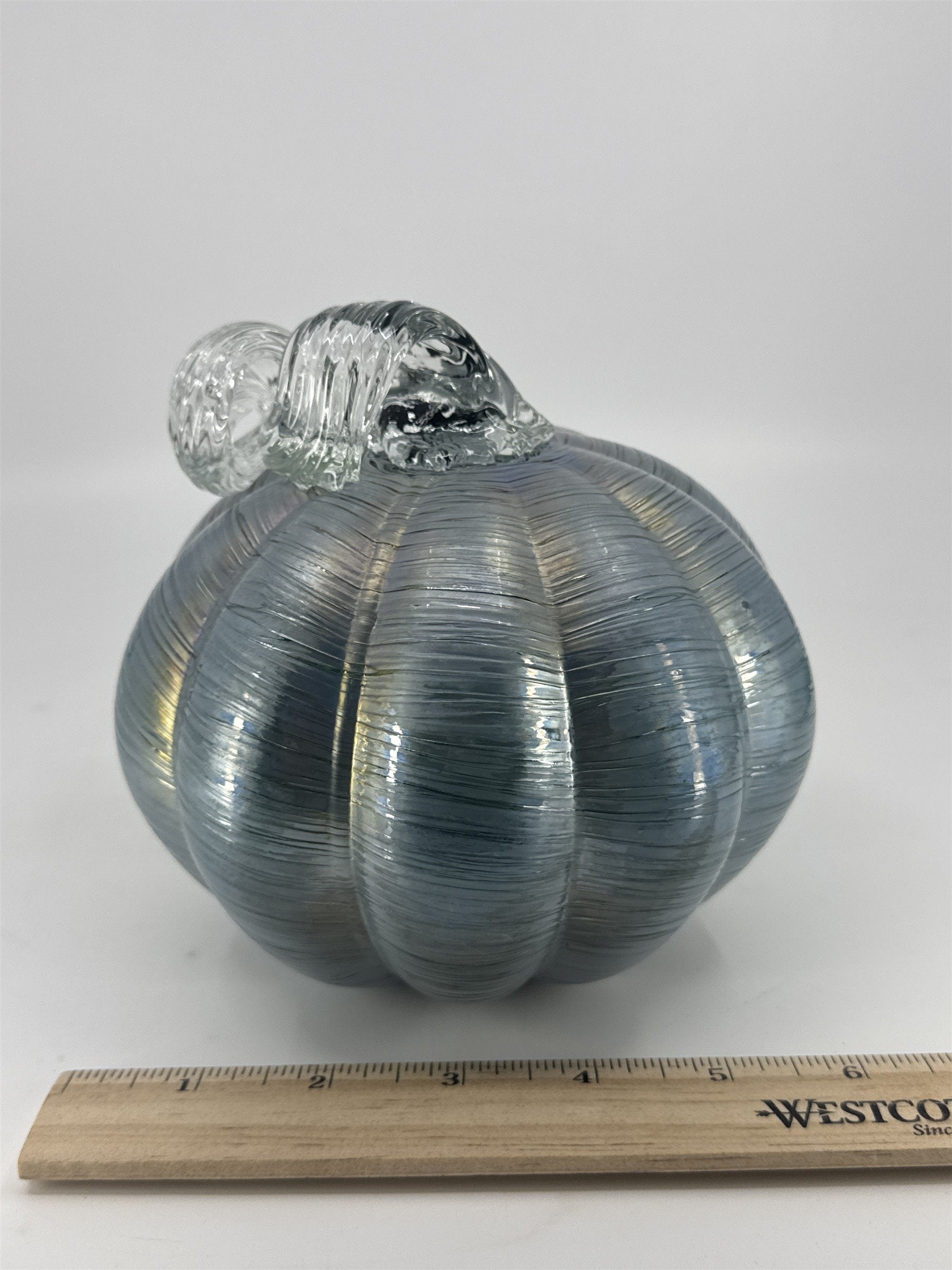 Hand Blown Art Glass Light Blue/Silver Glass Pumpkin Halloween/Fall Decor