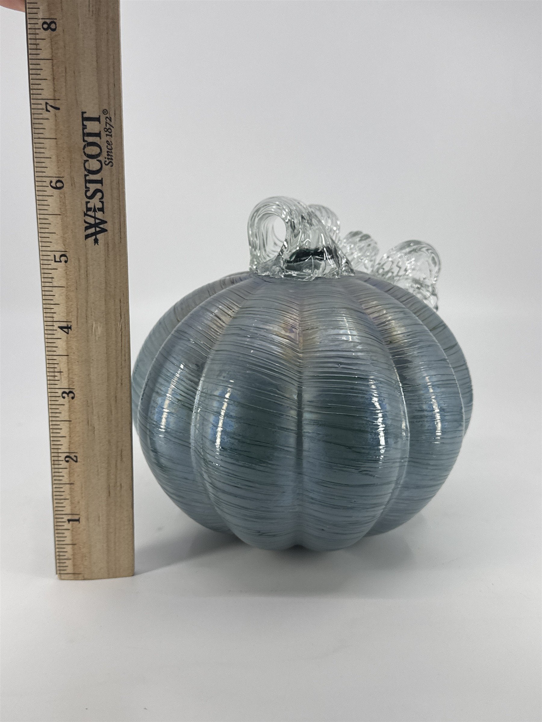 Hand Blown Art Glass Light Blue/Silver Glass Pumpkin Halloween/Fall Decor