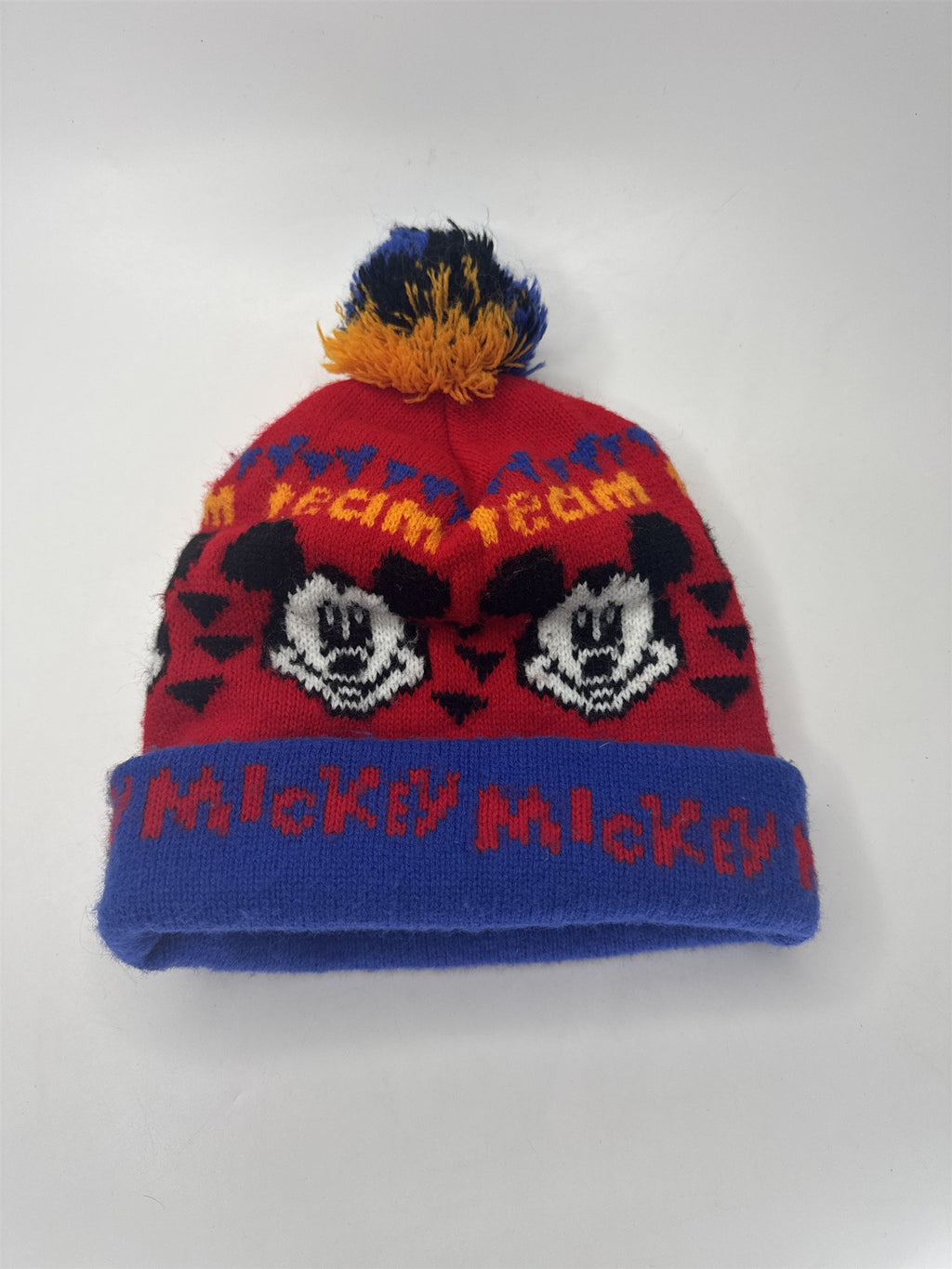 Vintage Disney Mickey Mouse Beanie Hat Knit Pom Team Mickey Made in USA Red Blue