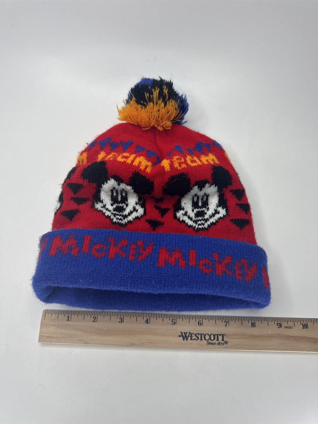 Vintage Disney Mickey Mouse Beanie Hat Knit Pom Team Mickey Made in USA Red Blue