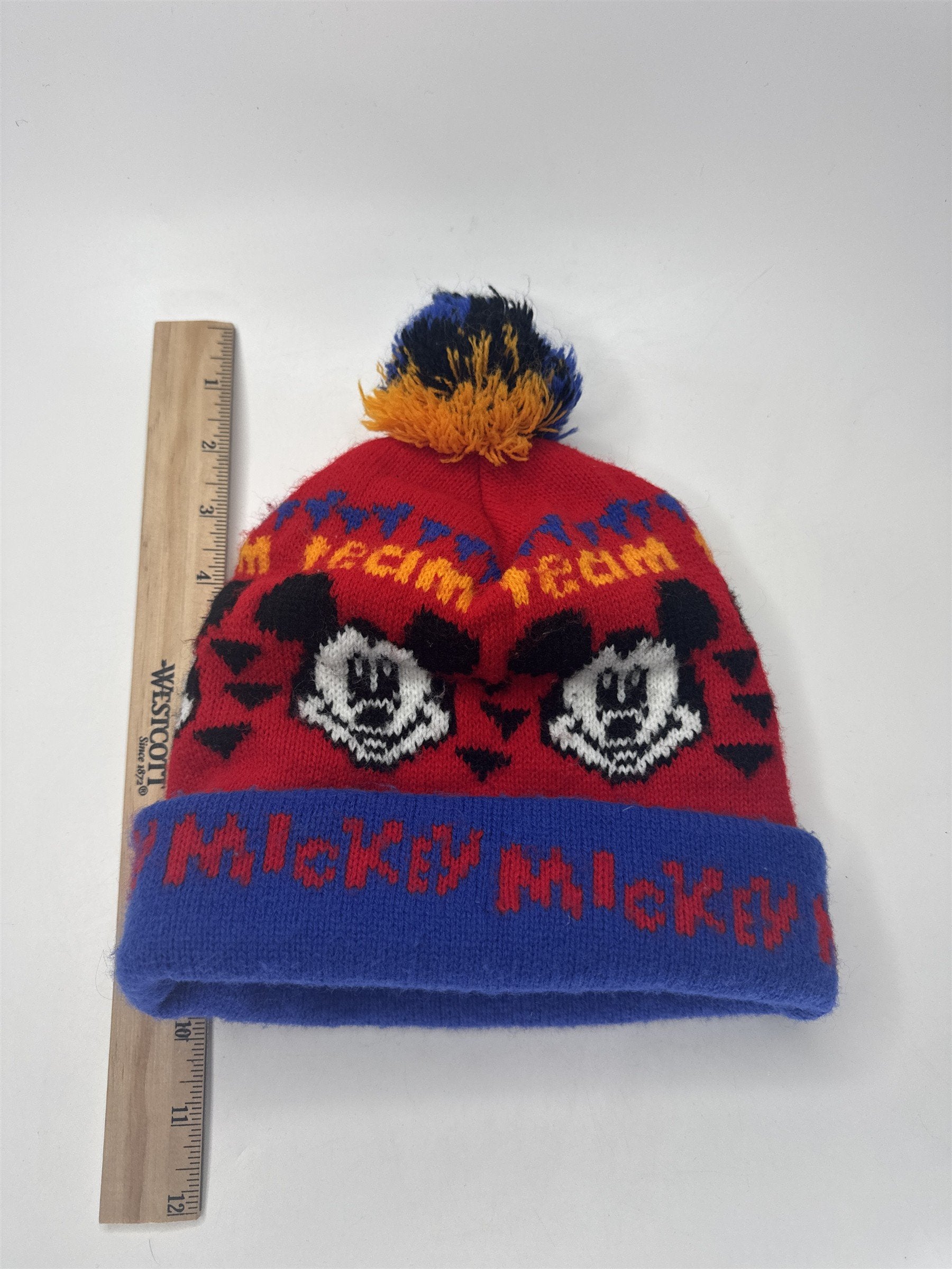 Vintage Disney Mickey Mouse Beanie Hat Knit Pom Team Mickey Made in USA Red Blue