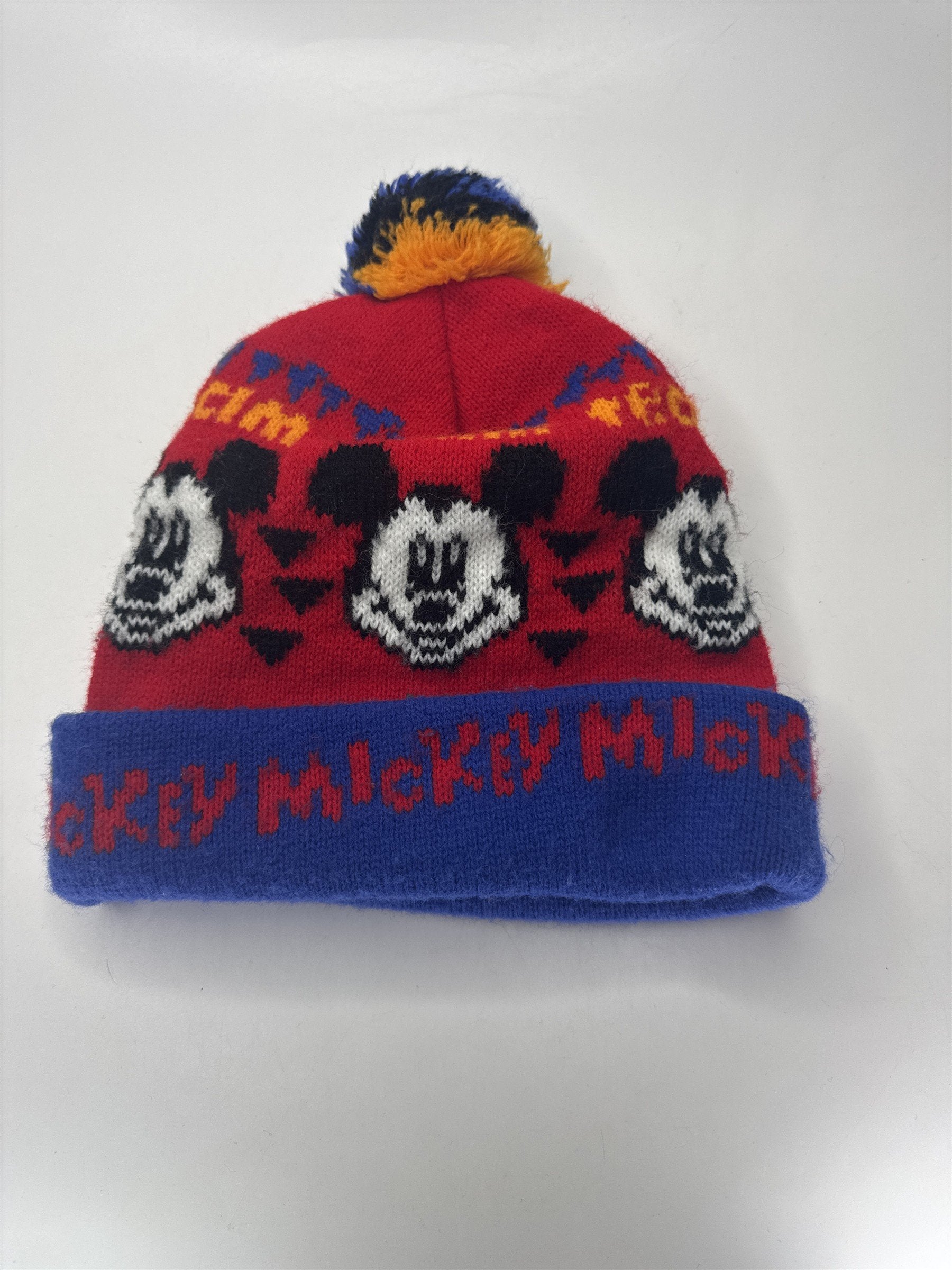 Vintage Disney Mickey Mouse Beanie Hat Knit Pom Team Mickey Made in USA Red Blue
