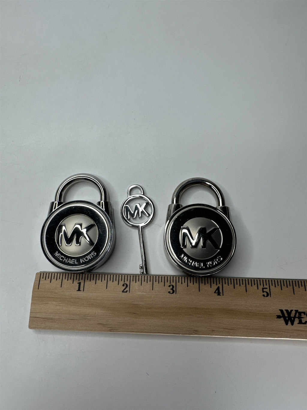 Michael Kors Silver Tone Handbag Locks Set of 2 with 1 MK Logo Key Authentic