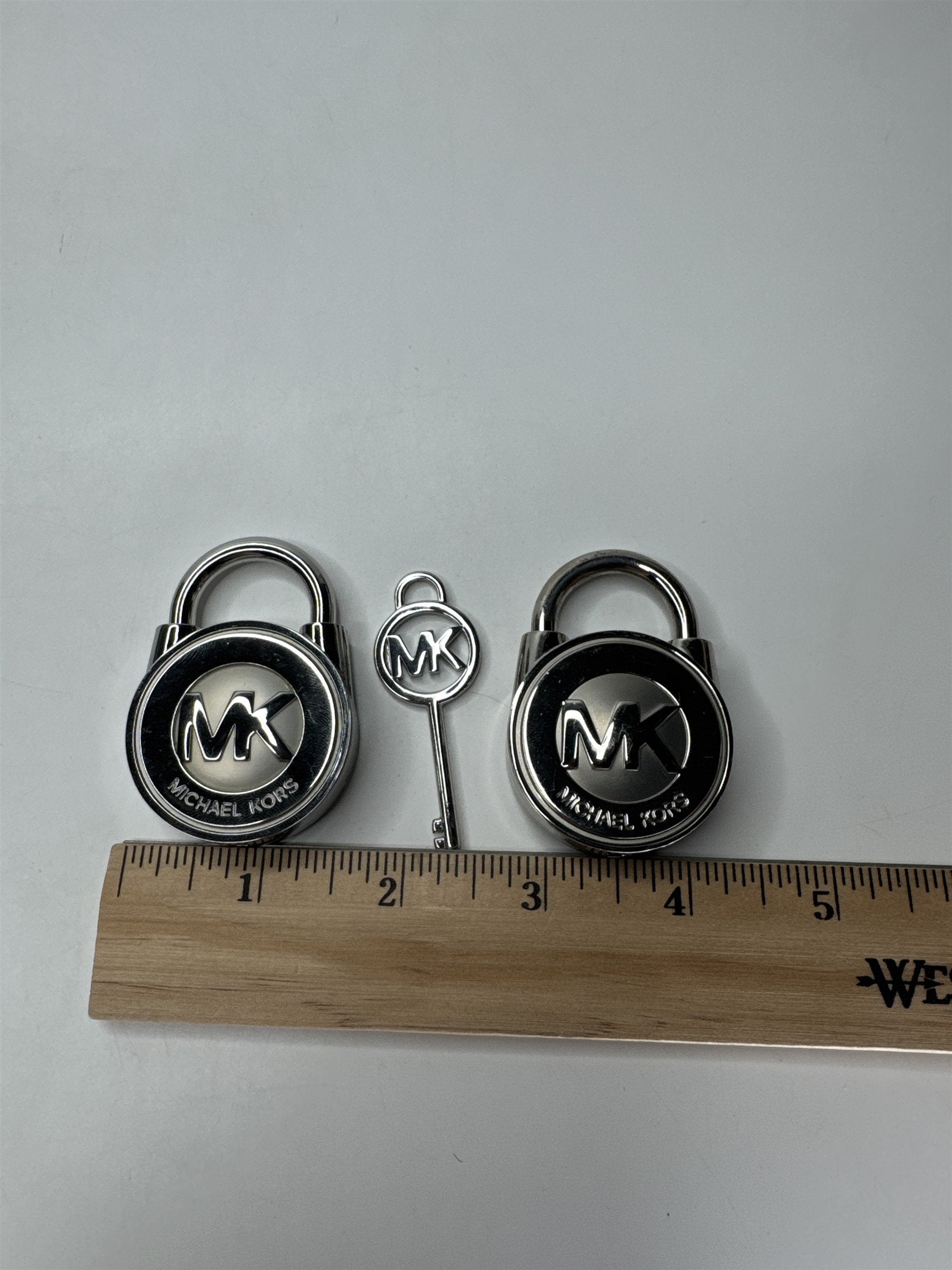 Michael Kors Silver Tone Handbag Locks Set of 2 with 1 MK Logo Key Authentic