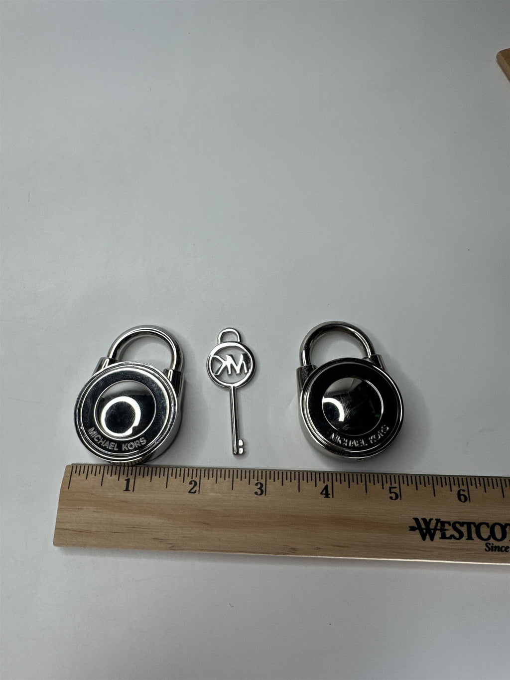Michael Kors Silver Tone Handbag Locks Set of 2 with 1 MK Logo Key Authentic