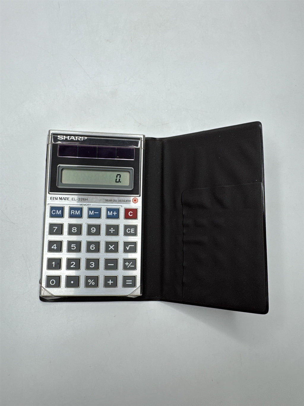 Vintage Sharp Elsi Mate EL-326H Solar Cell Calculator Black Wallet Case Working