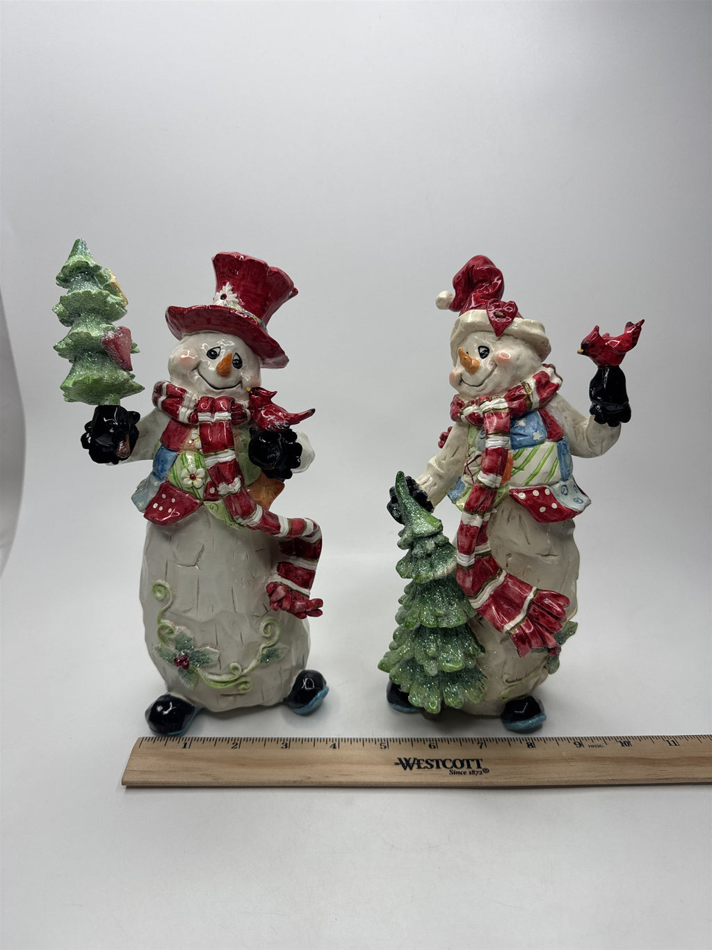 Home Interiors and Gifts Snowman Figurine Set of 2 Christmas Cardinal Glitter