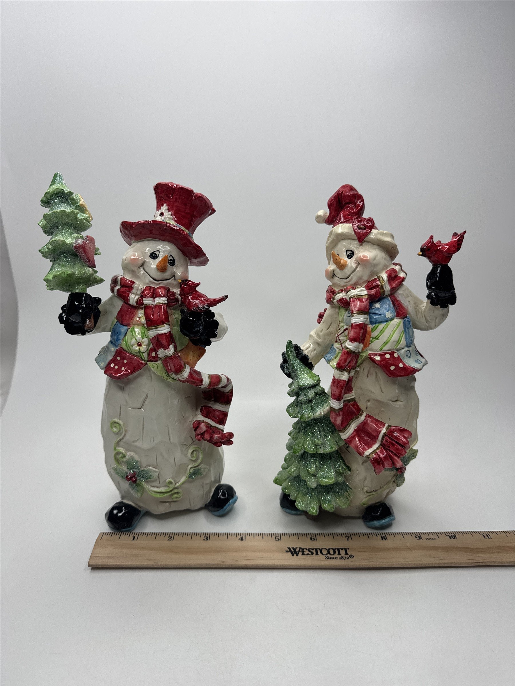 Home Interiors and Gifts Snowman Figurine Set of 2 Christmas Cardinal Glitter