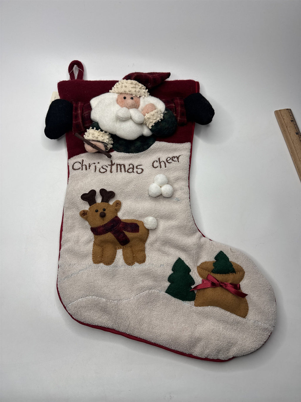 Home Interiors Christmas Cheer Stocking 3D Santa Reindeer Applique Plush
