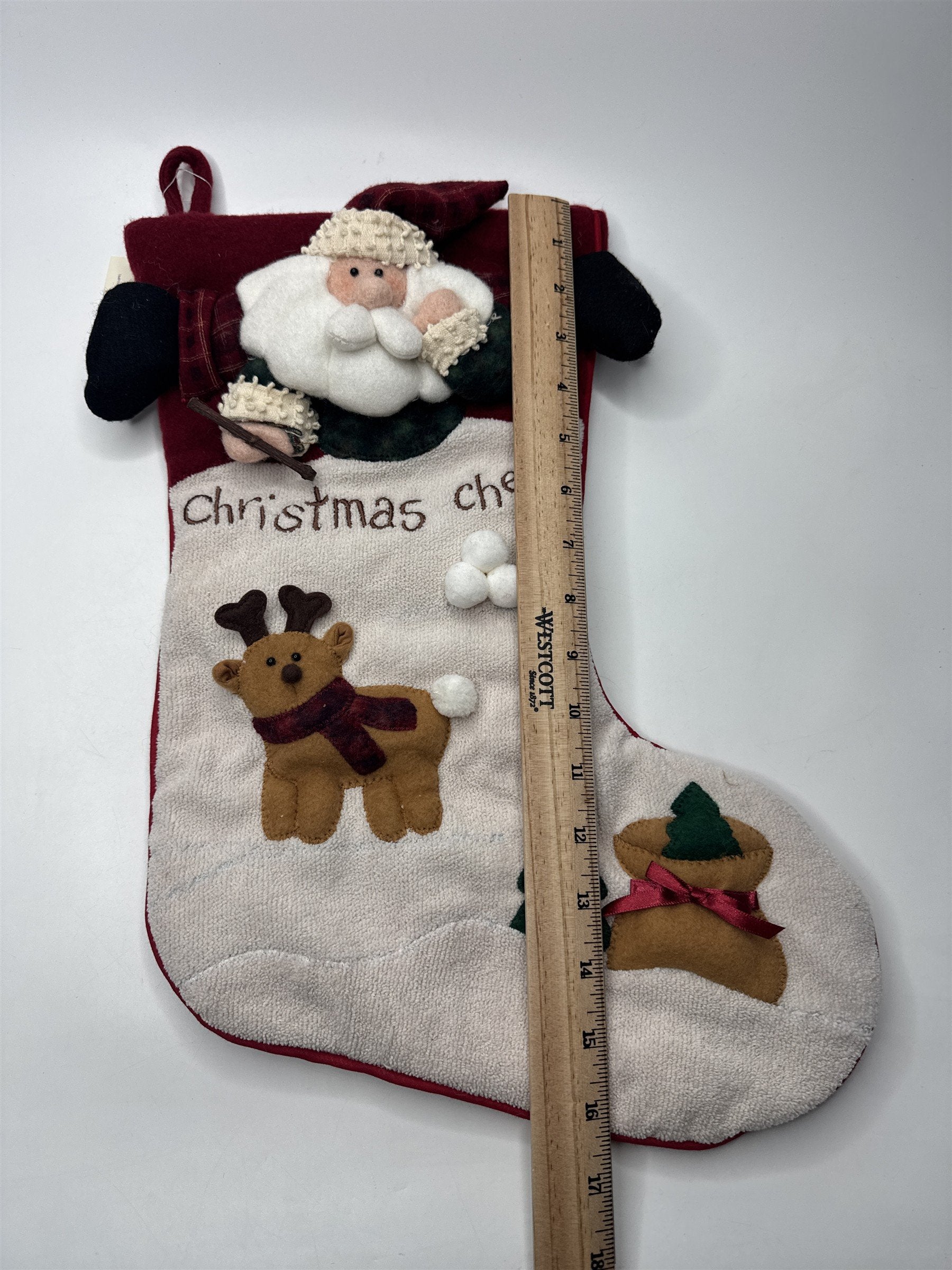 Home Interiors Christmas Cheer Stocking 3D Santa Reindeer Applique Plush
