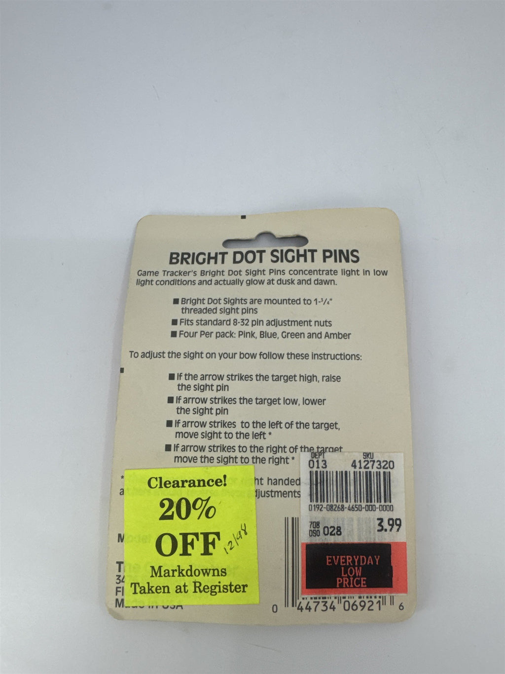 The Game Tracker Bright Dot Sight Pins Archery Set Of 4