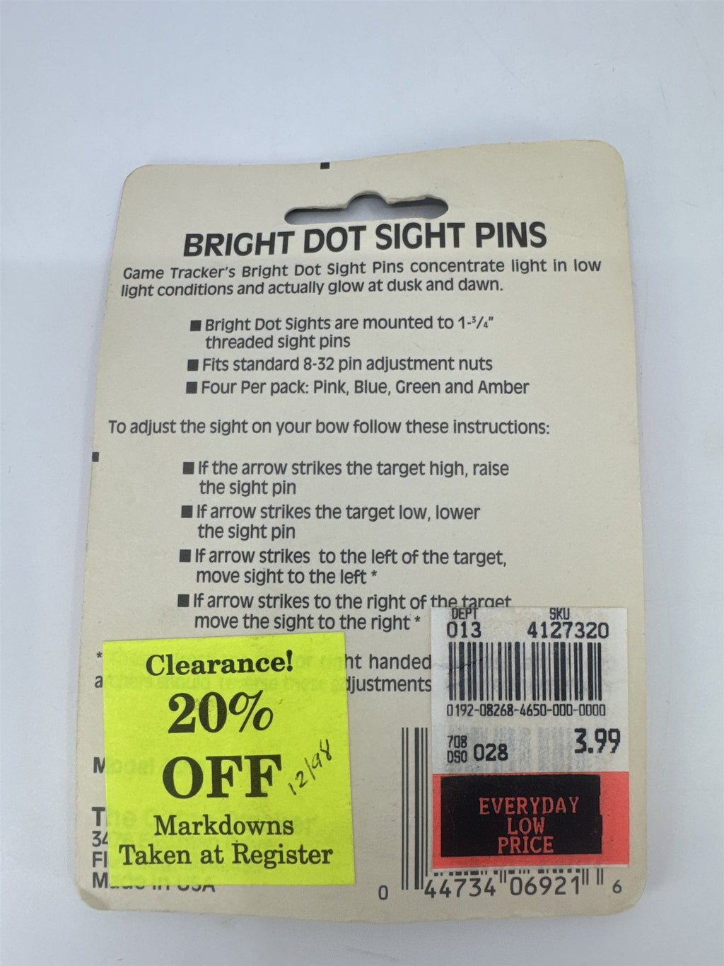 The Game Tracker Bright Dot Sight Pins Archery Set Of 4