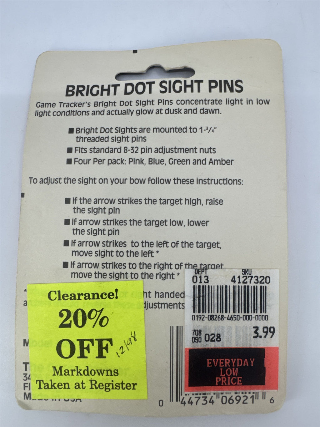 The Game Tracker Bright Dot Sight Pins Archery Set Of 4