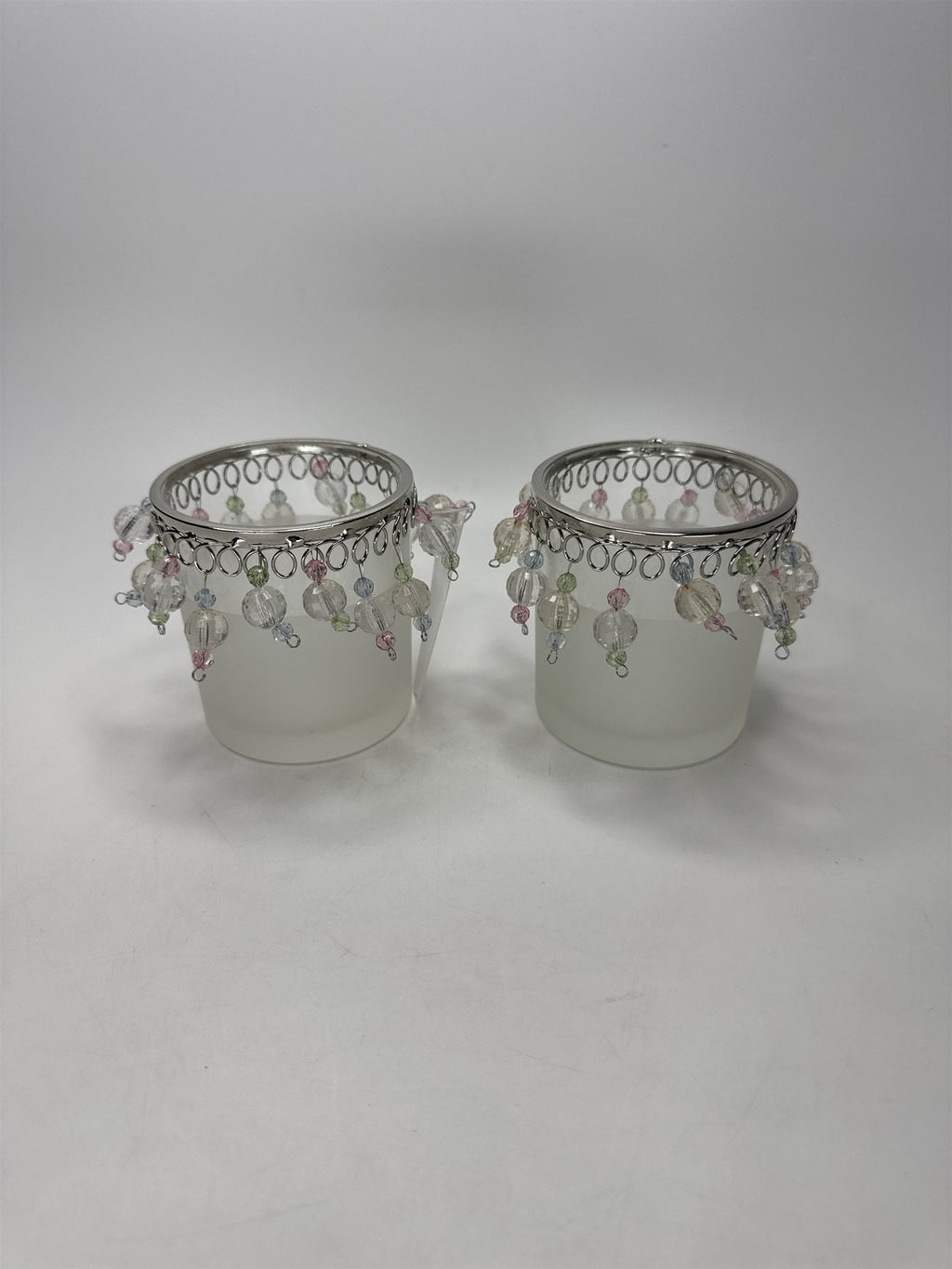 Home Interiors Beaded Candle Holders Set of 2 Frosted Glass Silver Trim 12158