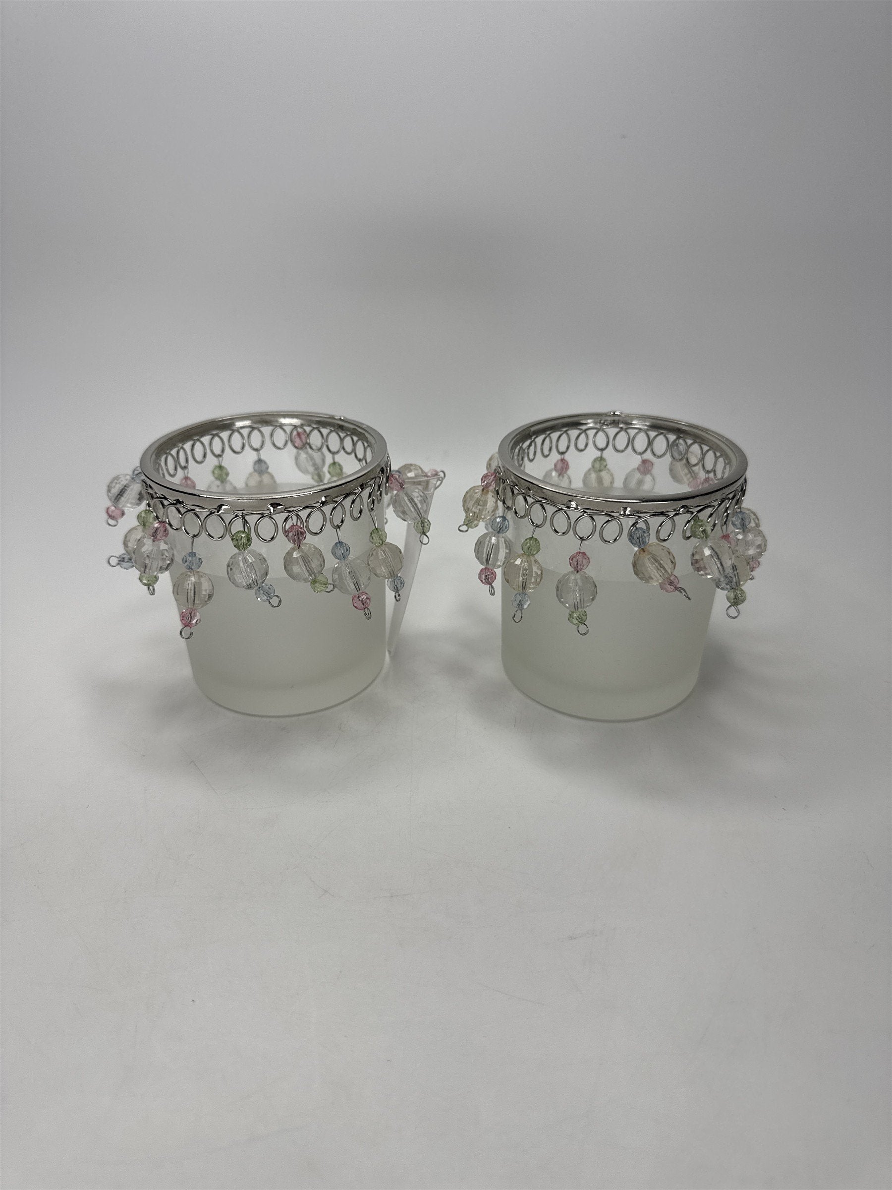 Home Interiors Beaded Candle Holders Set of 2 Frosted Glass Silver Trim 12158