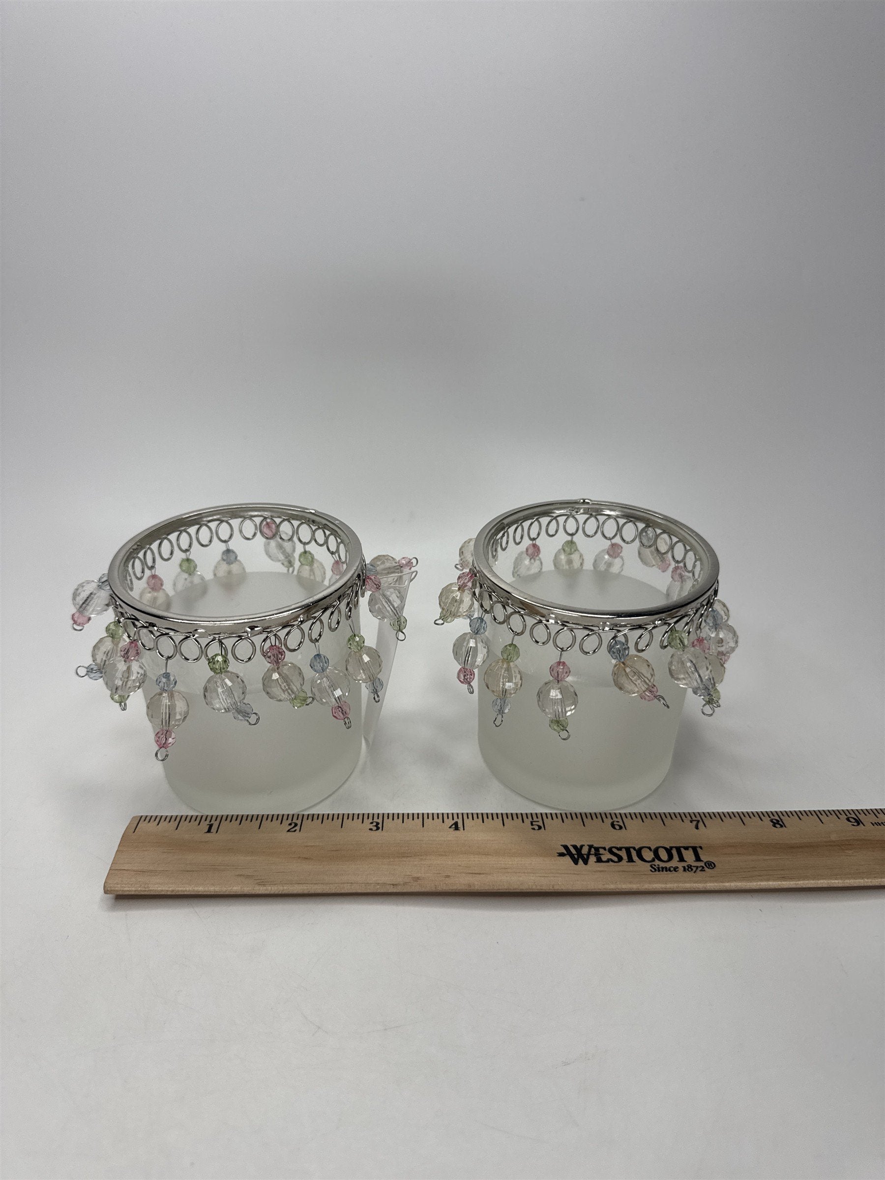 Home Interiors Beaded Candle Holders Set of 2 Frosted Glass Silver Trim 12158