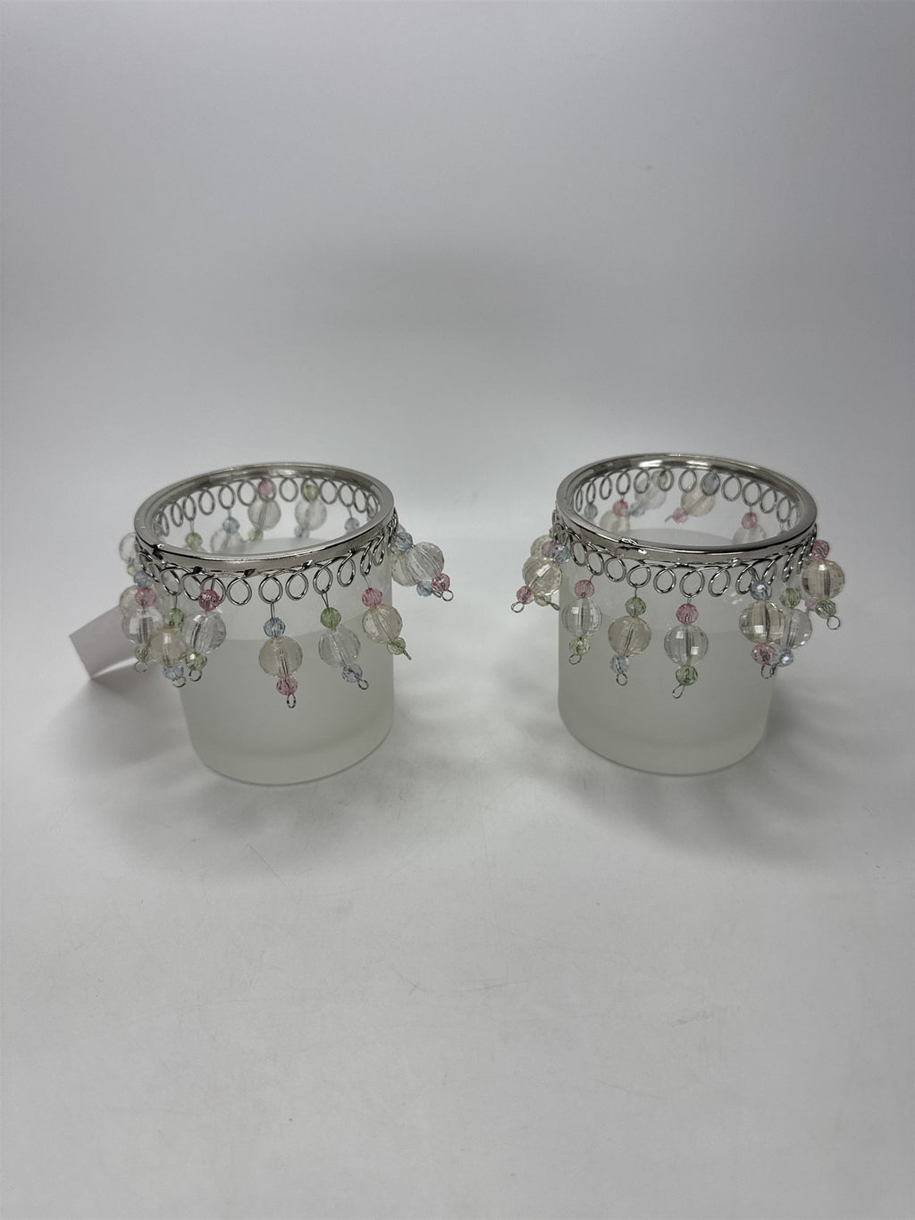 Home Interiors Beaded Candle Holders Set of 2 Frosted Glass Silver Trim 12158