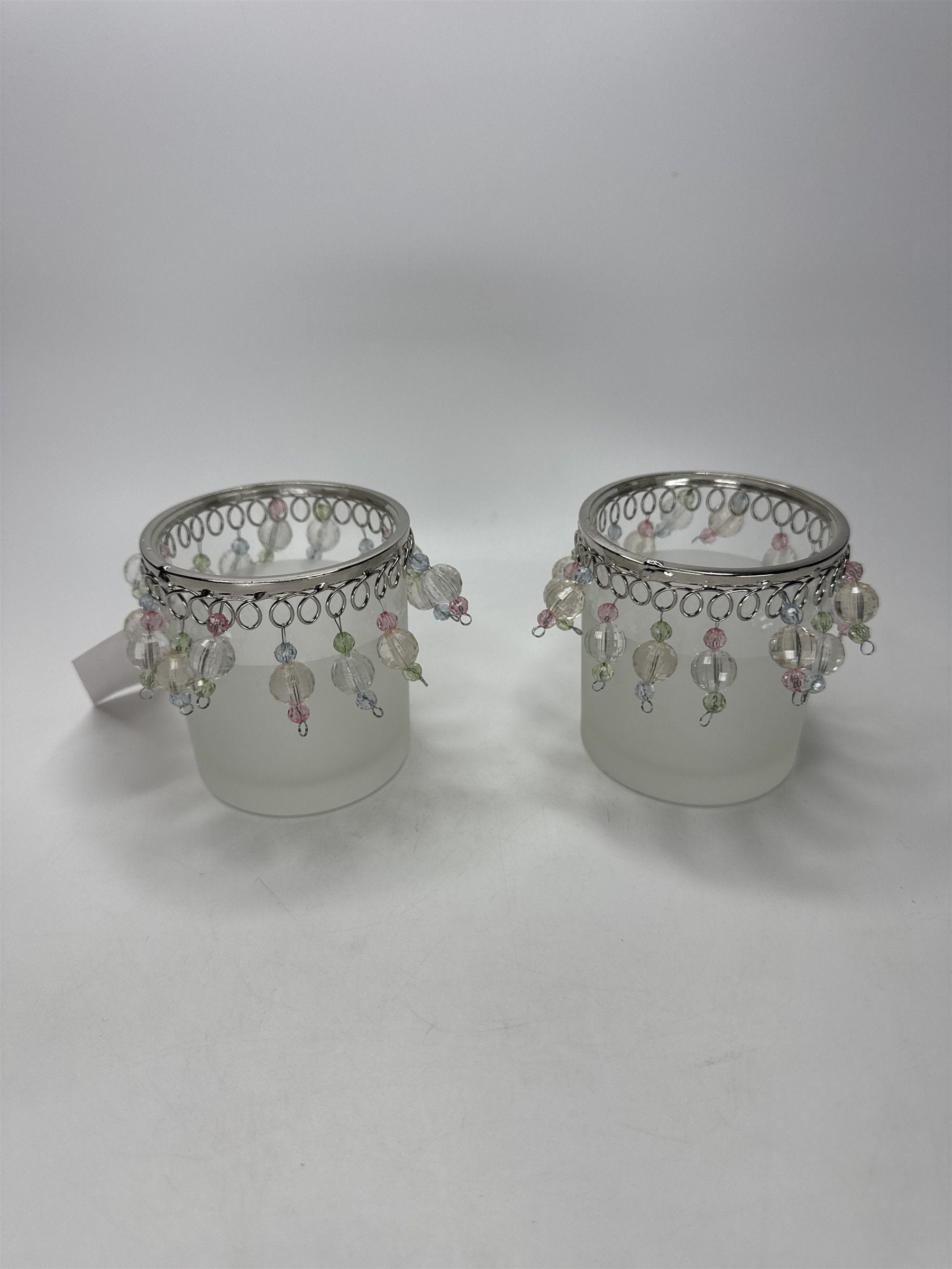 Home Interiors Beaded Candle Holders Set of 2 Frosted Glass Silver Trim 12158