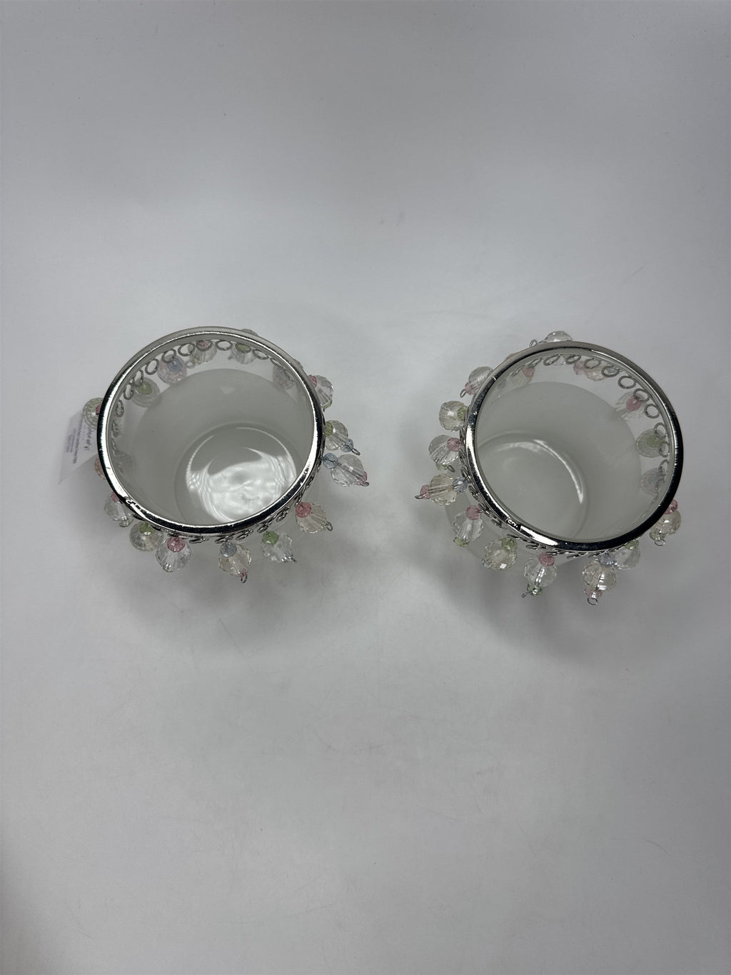 Home Interiors Beaded Candle Holders Set of 2 Frosted Glass Silver Trim 12158