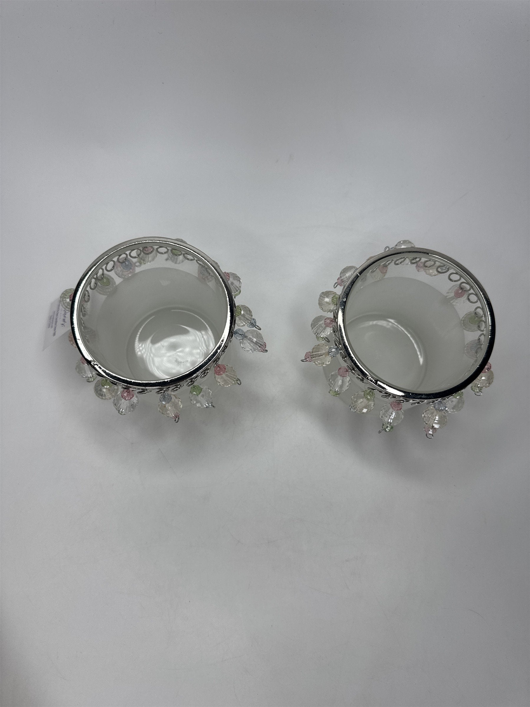Home Interiors Beaded Candle Holders Set of 2 Frosted Glass Silver Trim 12158
