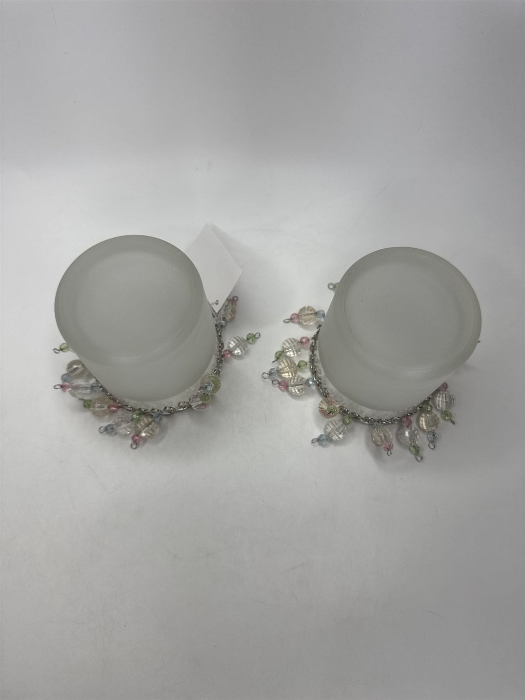 Home Interiors Beaded Candle Holders Set of 2 Frosted Glass Silver Trim 12158