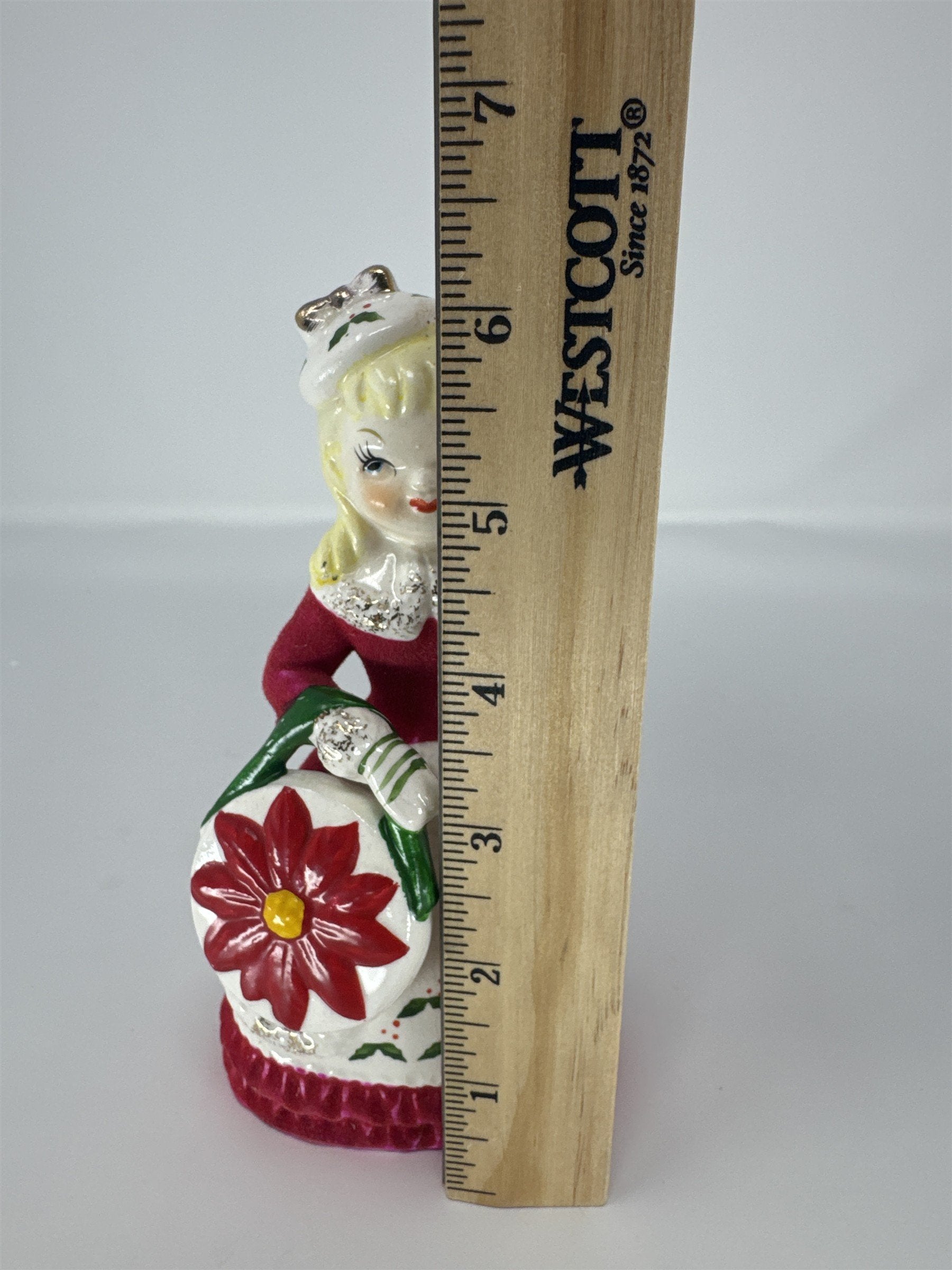 Vintage Relco Japan Flocked Felt Lady Figurine Poinsettia Purse Christmas