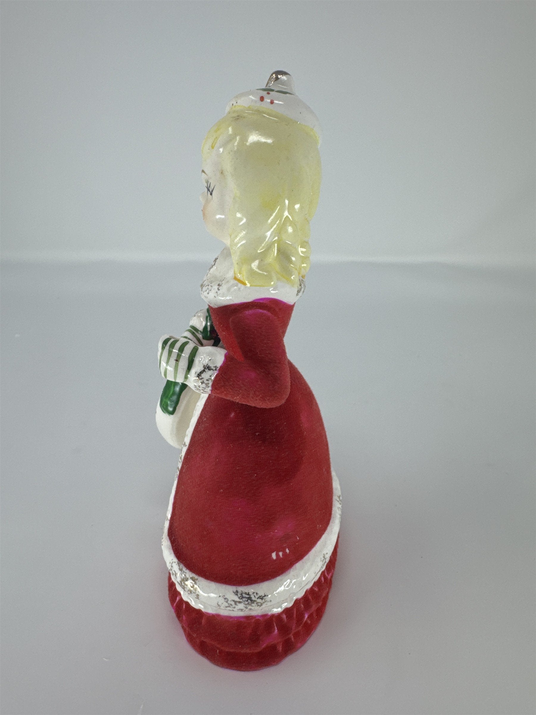 Vintage Relco Japan Flocked Felt Lady Figurine Poinsettia Purse Christmas