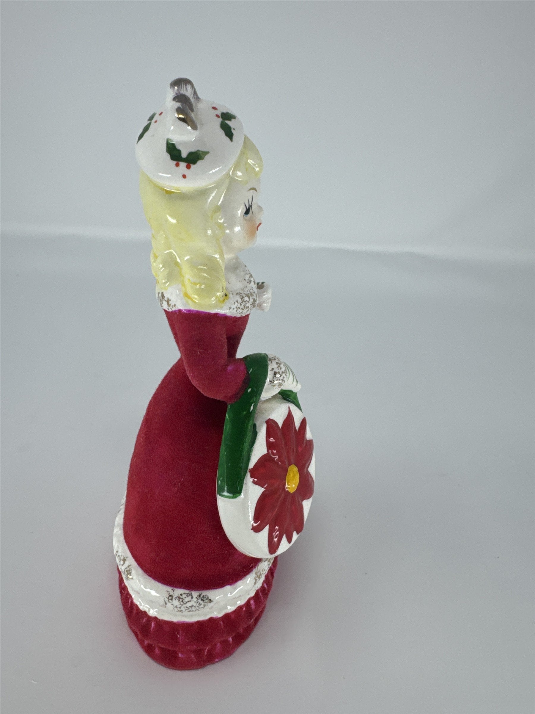 Vintage Relco Japan Flocked Felt Lady Figurine Poinsettia Purse Christmas