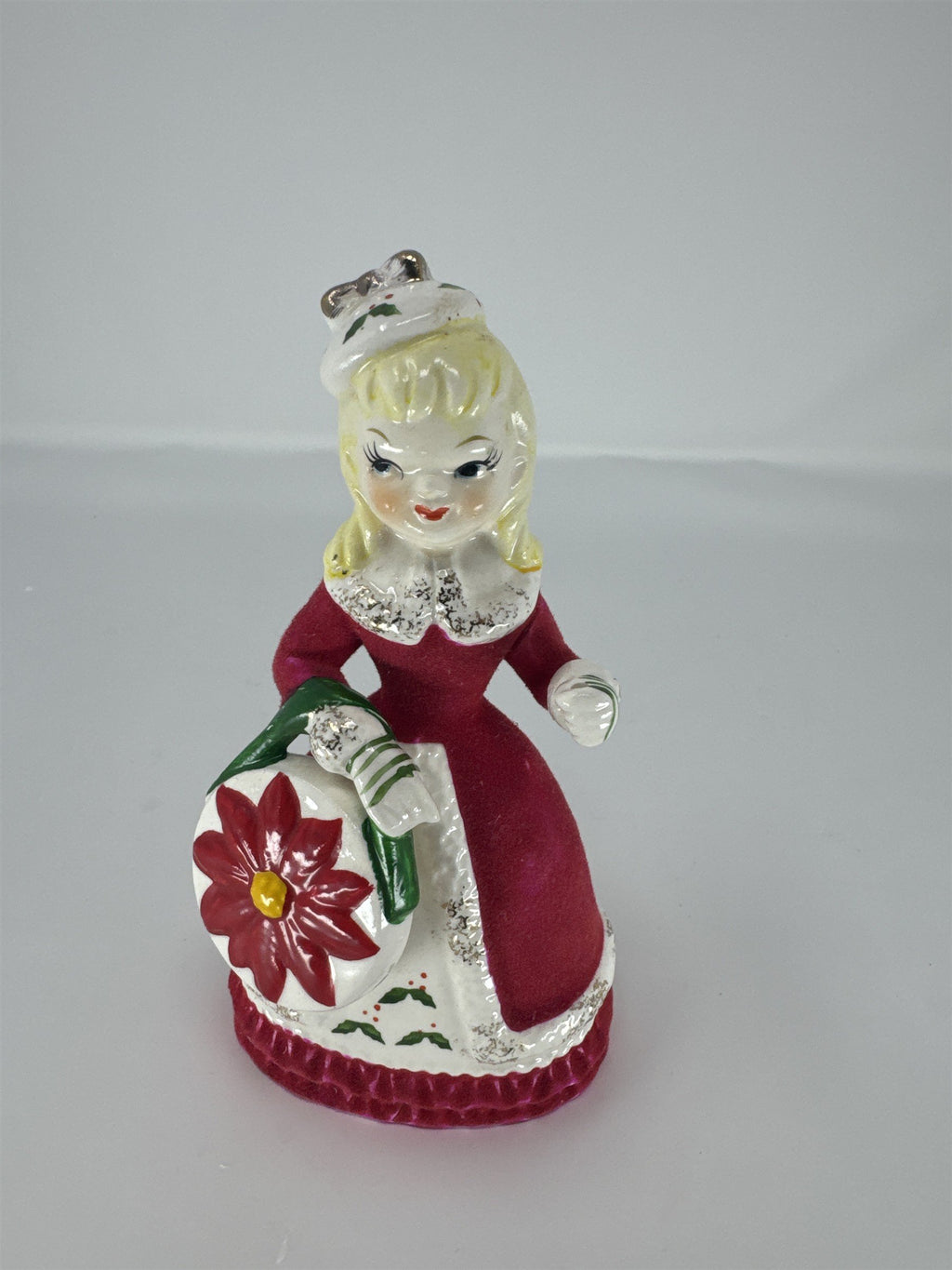 Vintage Relco Japan Flocked Felt Lady Figurine Poinsettia Purse Christmas