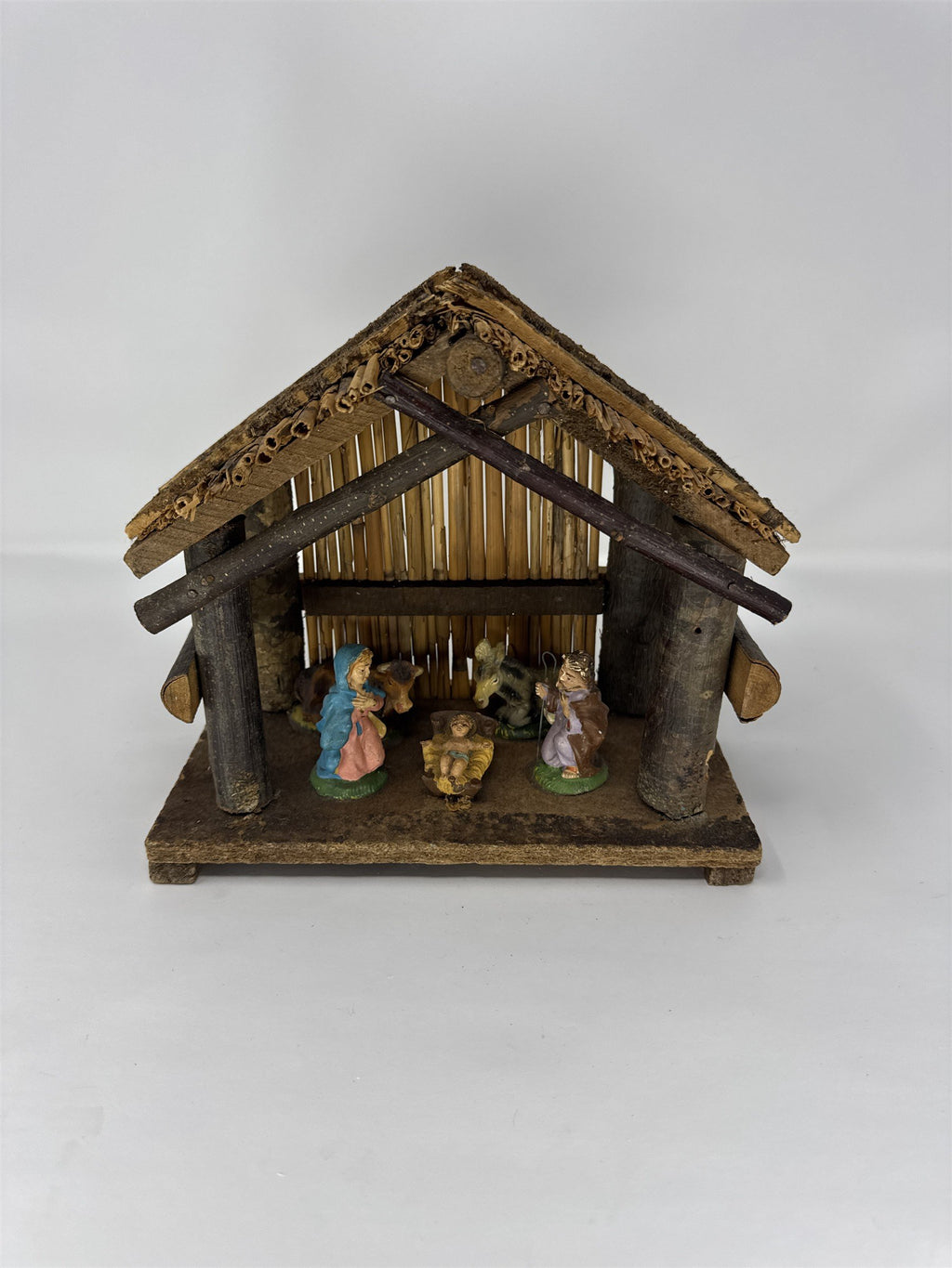 Vintage Nativity Scene Creche Made in Italy Rustic Wood Bark Stable Figurines