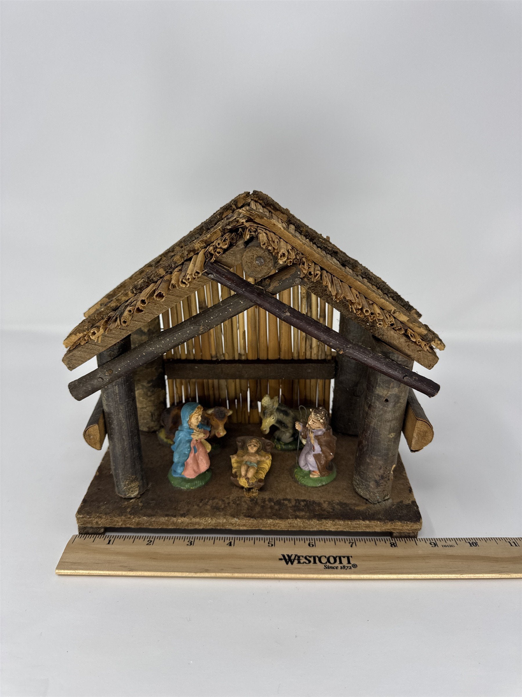 Vintage Nativity Scene Creche Made in Italy Rustic Wood Bark Stable Figurines